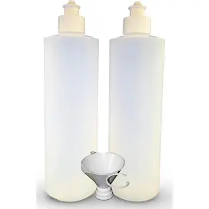 2 Pack Refillable 16 Ounce HDPE Squeeze Bottles With Push/Pull Button Top Dispenser Caps-Great For Lotions, Shampoos, Conditioners and Massage Oils-Includes our patented thread-on funnel