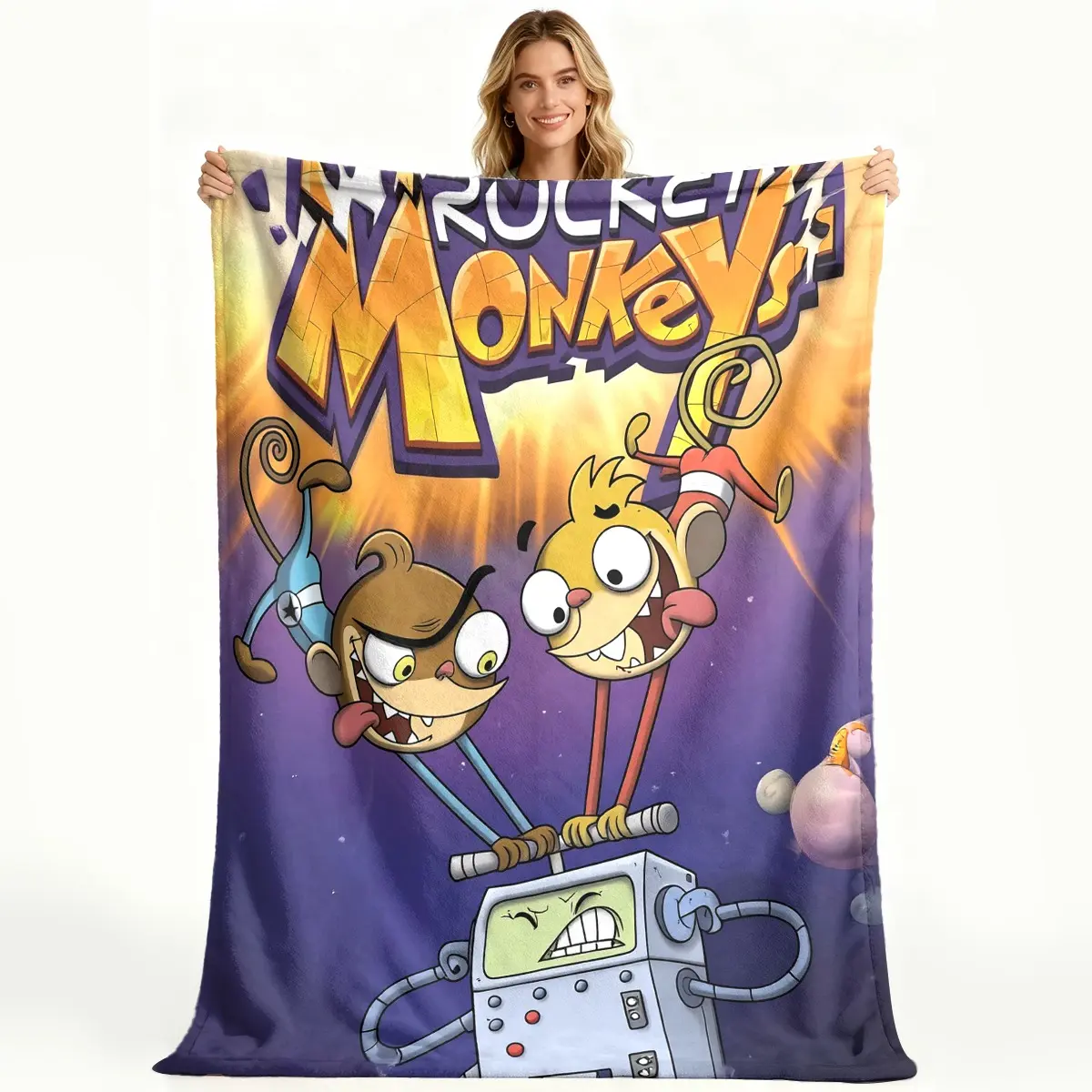 Rocket Monkeys Classic Animated Series Sunset Gradient Purple Space Flannel Throw Blanket Two Monkey Robot Spaceship Cartoon Soft Warm Blanket Gift for Neutral Kids Animation Fans All Ages