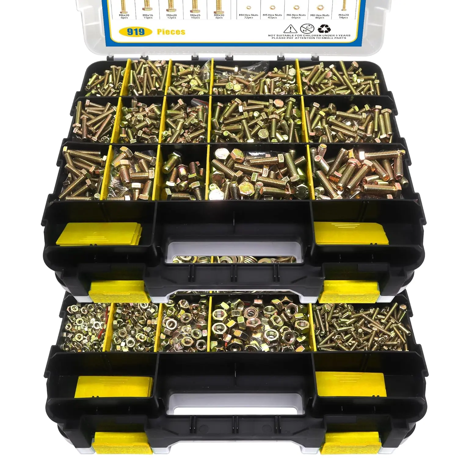 919-Piece 8.8 Metric Bolts & Nuts Assortment Kit - M4-M8 Sizes, 12-30mm Length, Yellow Zinc Plated with Washers, High Hardness Corrosion Resistant for Car, Machinery Repair (Yellow Box)