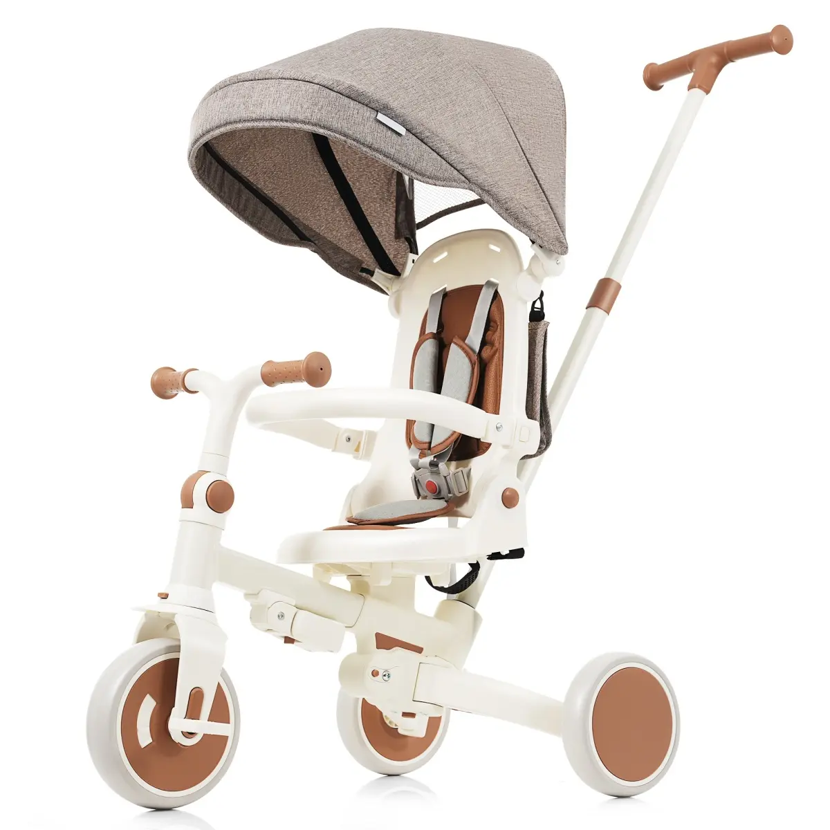 Aobtkel®7 in 1 Baby Tricycle, Foldable Toddler Tricycle with Removable and Adjustable Parent Handle, Toddler Push Bike with Removable Pedal, Canopy, and Guardrail, Tricycle for 12-72 Months, ivory and brown