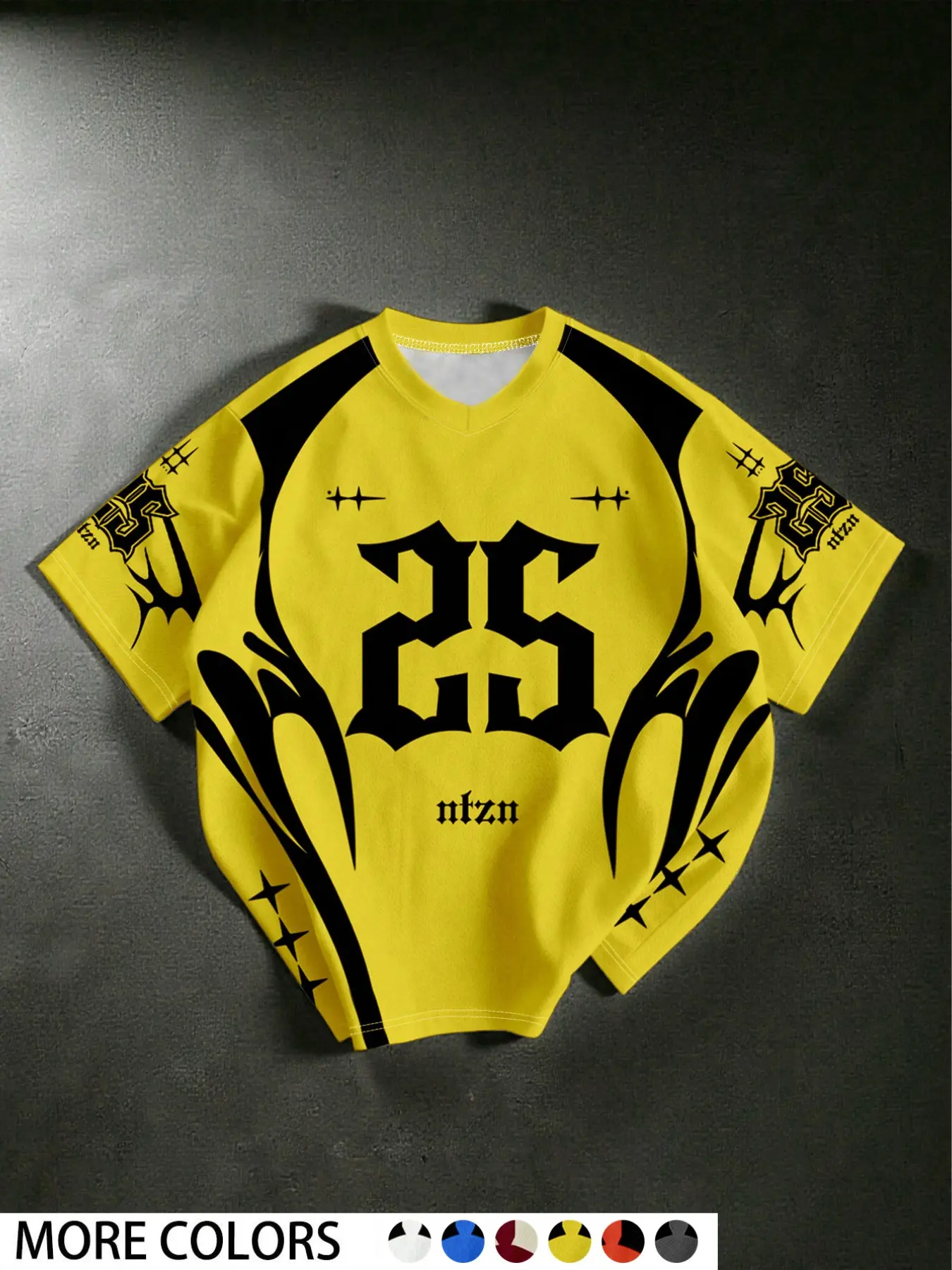Men's Bright Yellow V Neck Mesh Jersey T-Shirt | Gothic Number 25 Tribal Star Full Print | Yellow Black Contrast Loose Y2K Punk Sports Street Short Sleeve Tee