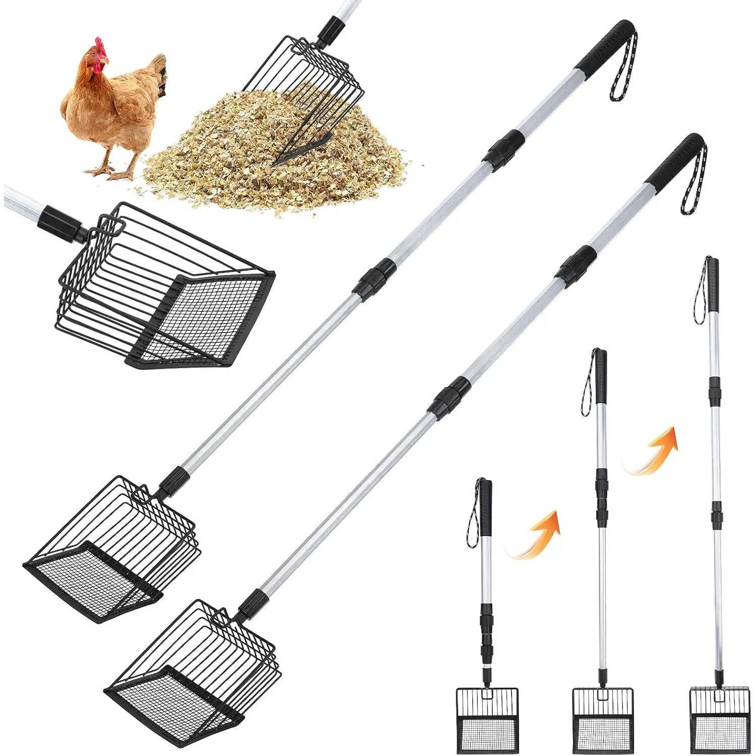 2 Pack Chicken Poop Scooper 3 in 1 Chicken Coop Scoop Detachable Chicken Scooper Poop Sifting Shovel with Long Handle Chicken Coop, Goat Stall, Stable