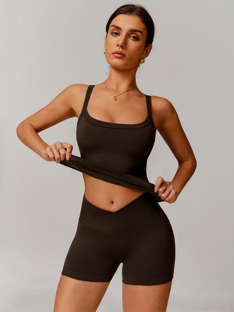 Women's Solid Top & Shorts Sportswear Set, Casual Comfy Breathable Two-piece Outfits for Yoga Gym Workout Running, Ladies Sportswear for Spring & Fall