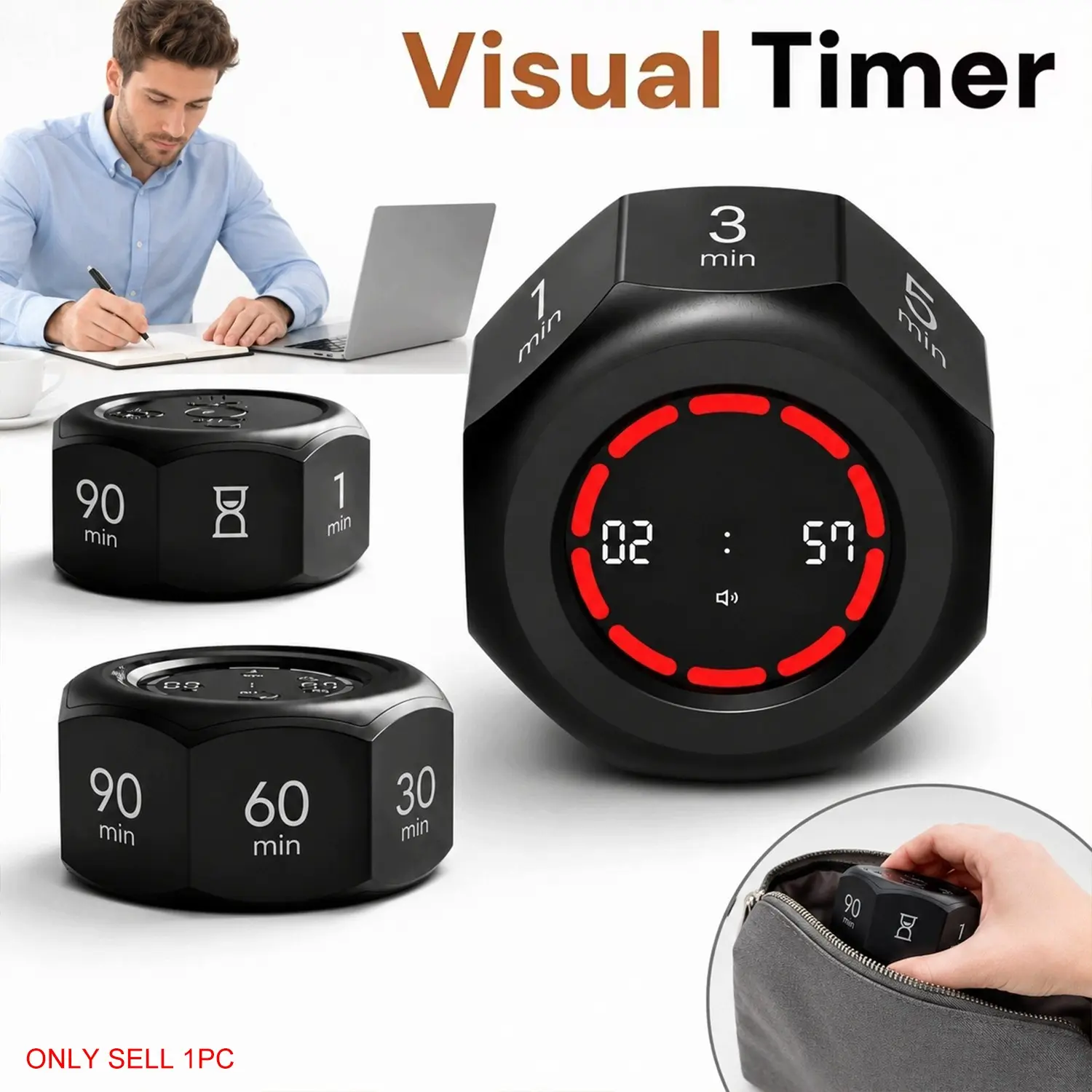 Flip Timer Clock, Learning Time Manager, Kitchen Fitness Timer, Gravity Sensor Timer, Rechargeable Mini Cube Timer, 1-90 Minutes, Cooking, Study, Shower