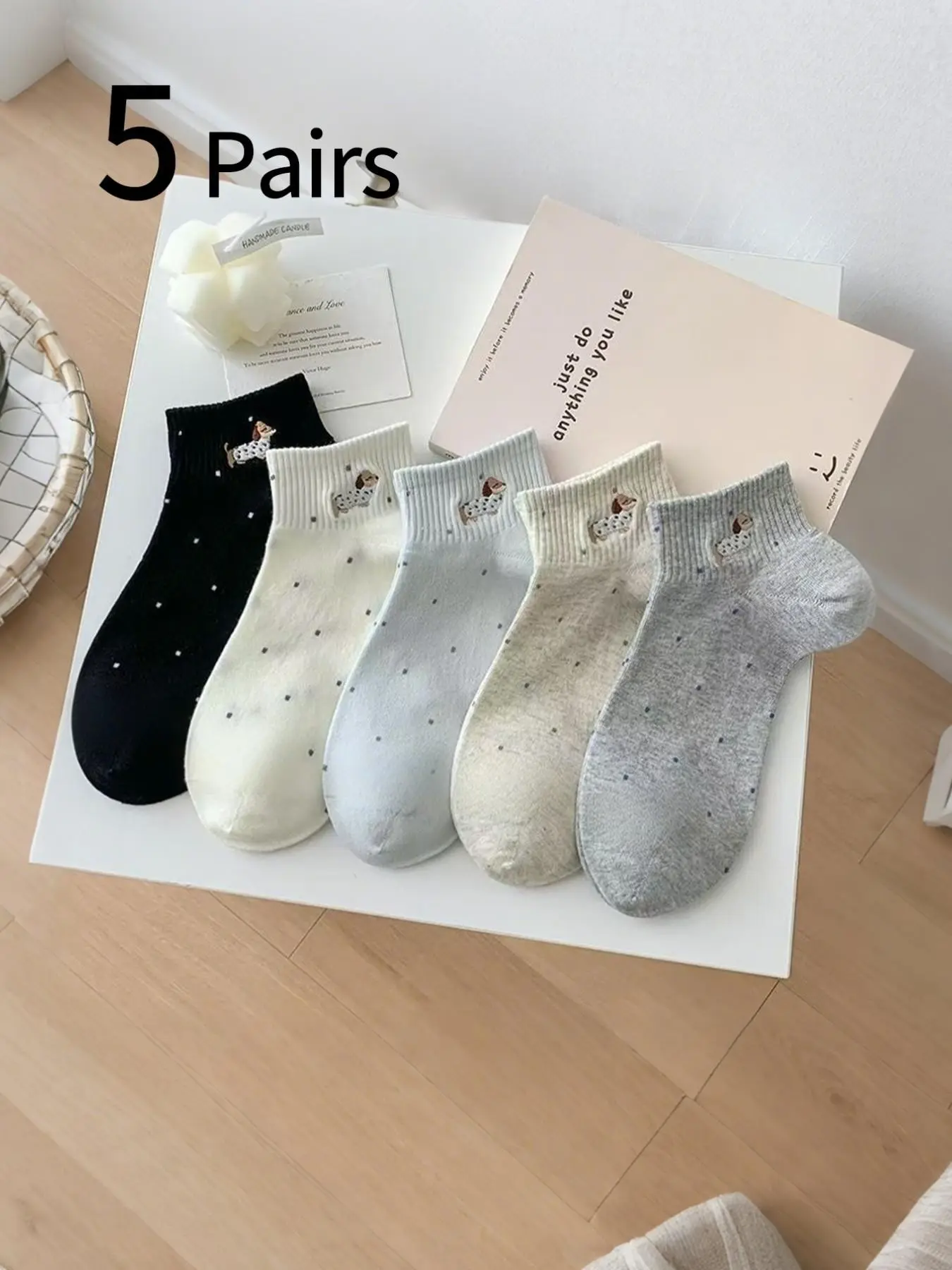 5 Pairs Women's Socks, Spring Summer Thin Japanese Style Anti-Odor Breathable Student Crew Socks, Cute Dog Polka Dot Ankle Socks, Casual Comfort