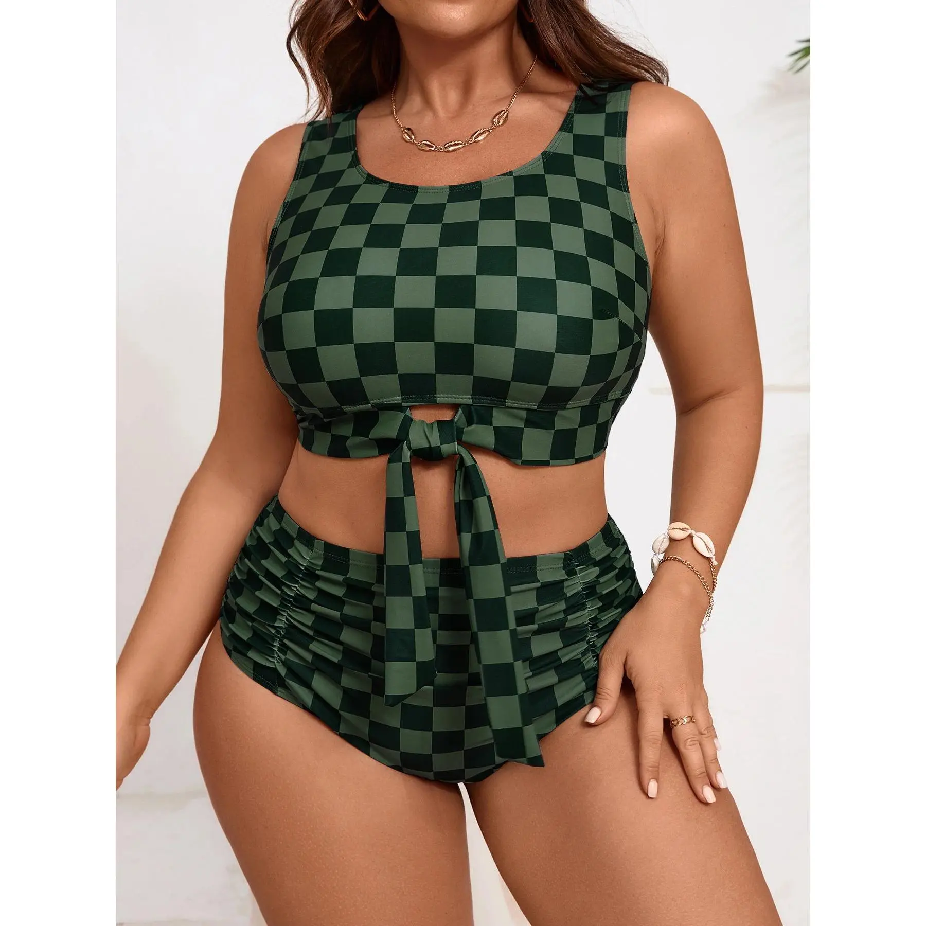 2026 Large Plus Big Size Swimsuit Women Sporty Bikinis High Waist Neck Swimwear Female Bathers Bathing Swimming Swim Suit 5XL