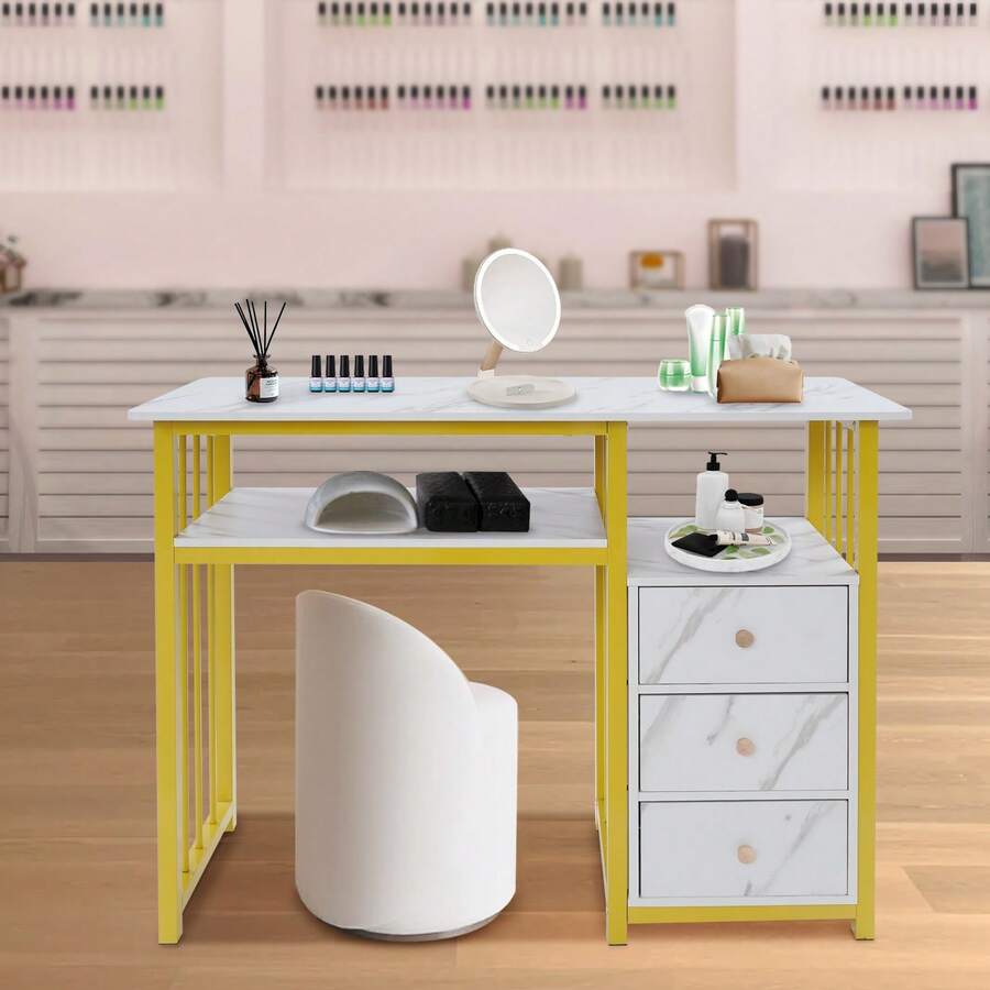 Marbling Texture Manicure Table with 3 Drawers, Multifunctional Nail Tech Desk for Home & Salon Use, Portable Foldable Nail Station, Beauty Salon Equipment for Nail Salons, Offices & Living Rooms