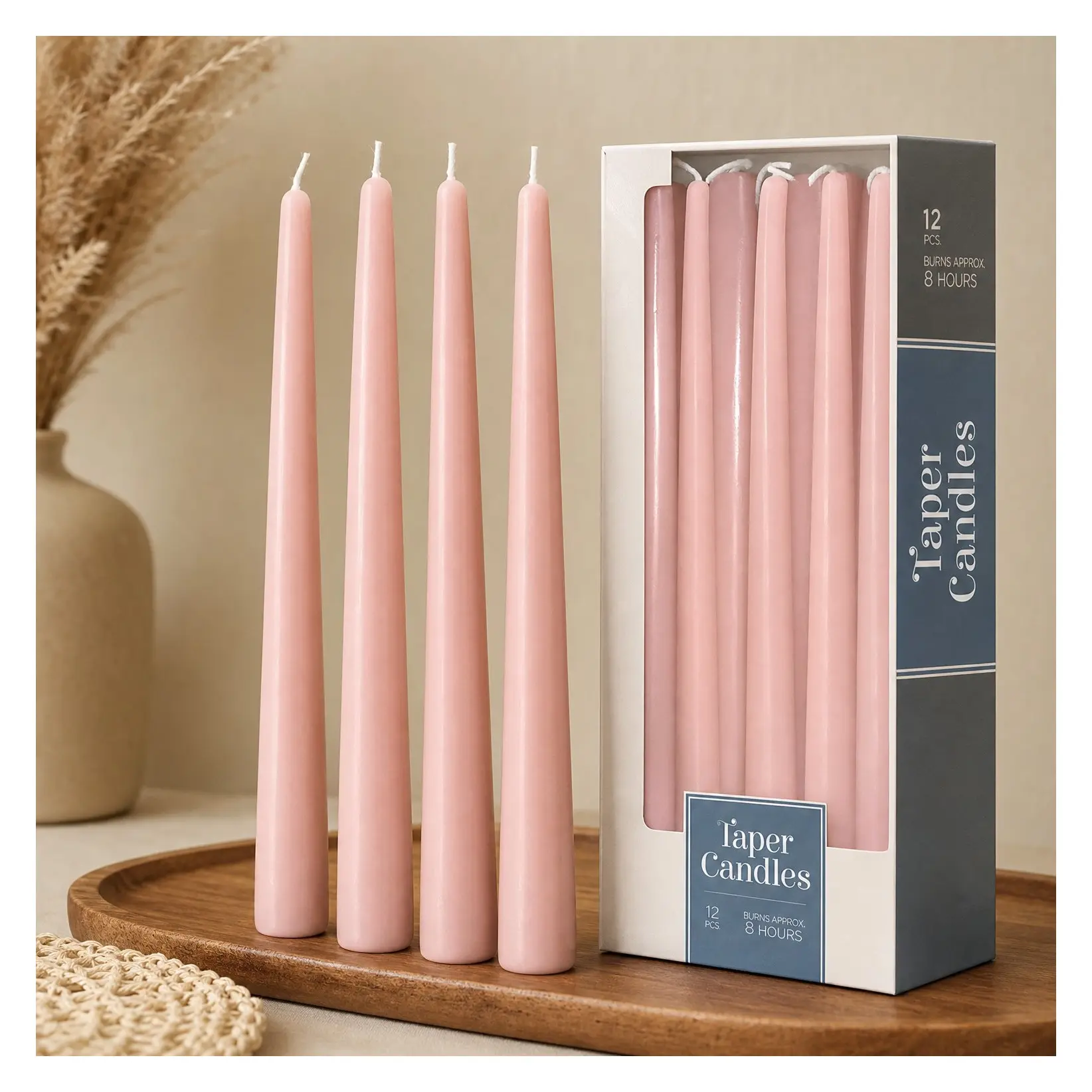 10 Inch Light Pink Unscented Dripless Tall Taper Candles - 8 Hour Burn Time - 12 PackGift