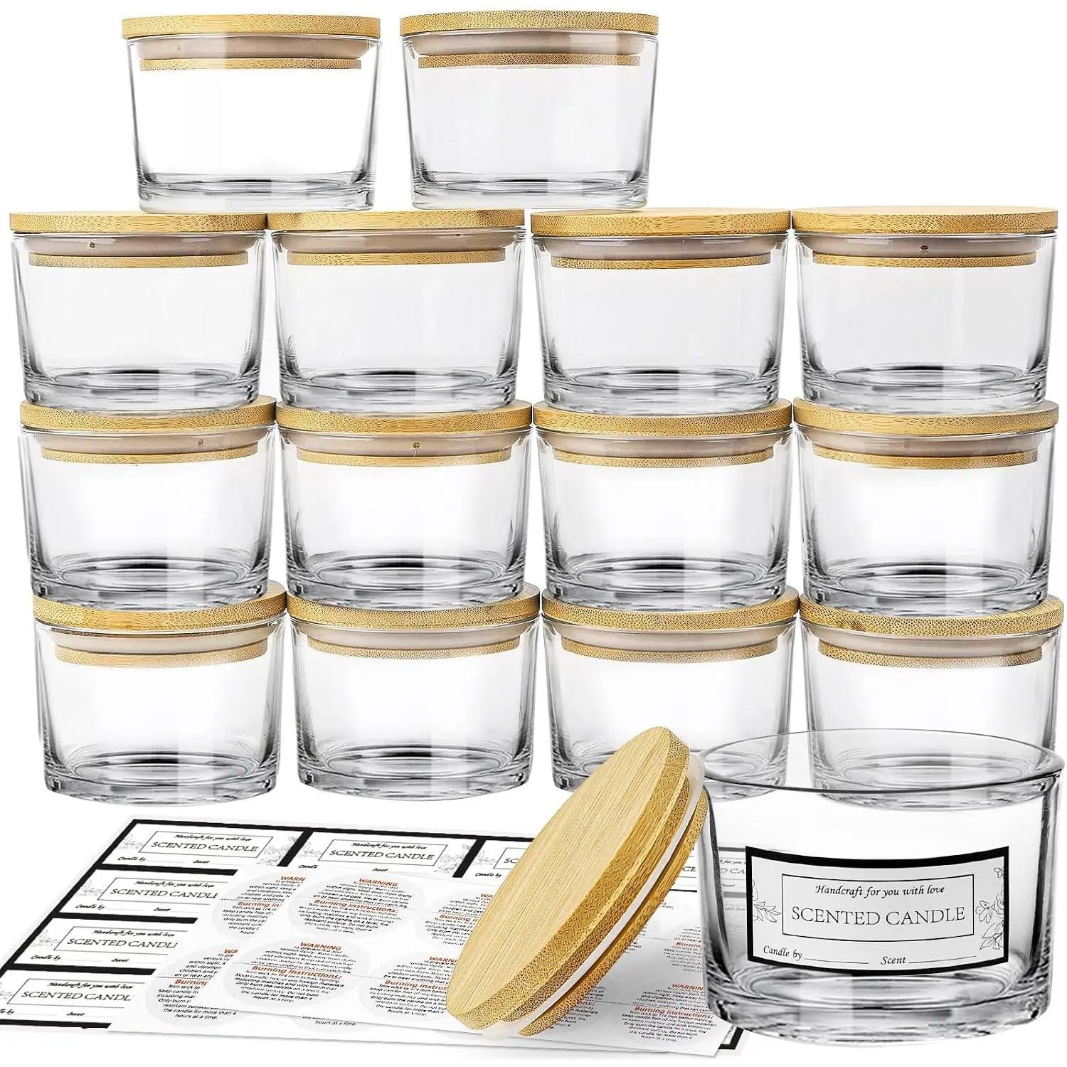 15 Pack 4 OZ Clear Glass Candle Jars with Airtight Bamboo Lids for Making Candles, Bulk Small Wide Mouth Empty Candle Containers with Sticky Warning Labels - Dishwasher Safe