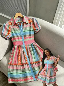 Women's Boho Colorful Print Shirt Dress, Short Sleeve Button Down Tiered Dress, Casual Wear for Beach Vacation, 1pc