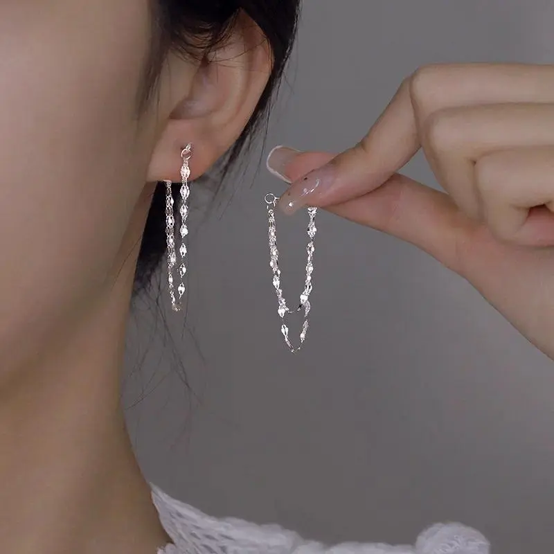 Tassel Earrings for Women, 925 Sterling Silver Double-Layered Chain Link Drop Earrings, Long Sparkling Aesthetic Jewelry, Chain Link Earrings
