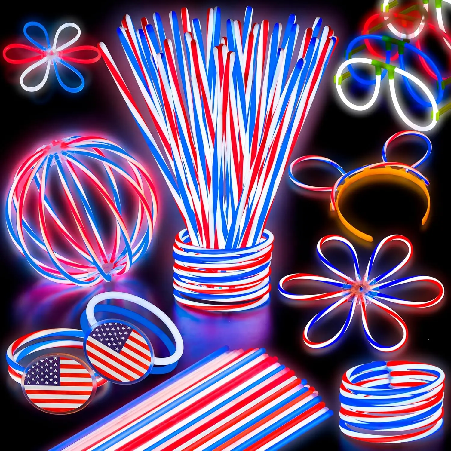 120 Pcs 4th of July Glow Sticks Bulk, Red White Blue Striped Lightup Sticks with Connectors, Glow in the Dark Headband Bracelet Necklace for Independence Day Party Favor Accessory Supplyfidget toys