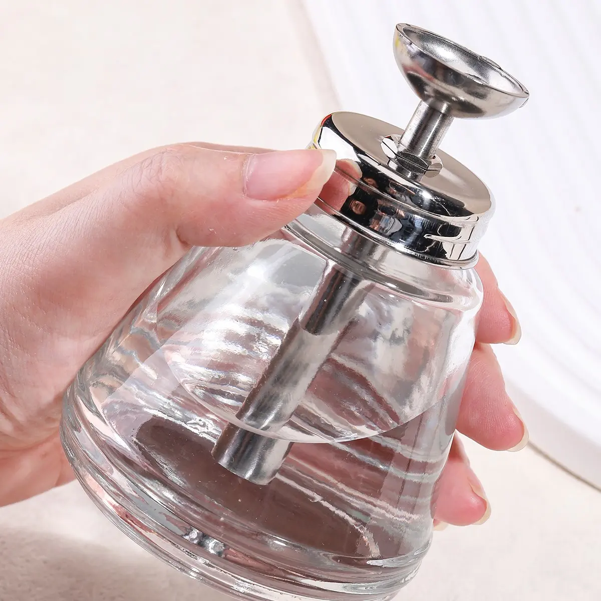 Professional Glass Pump Bottle Reusable Dispenser, Stainless Steel Head, Funnel Flip Lid, Ideal for Salon, Studio, Home Nail Care