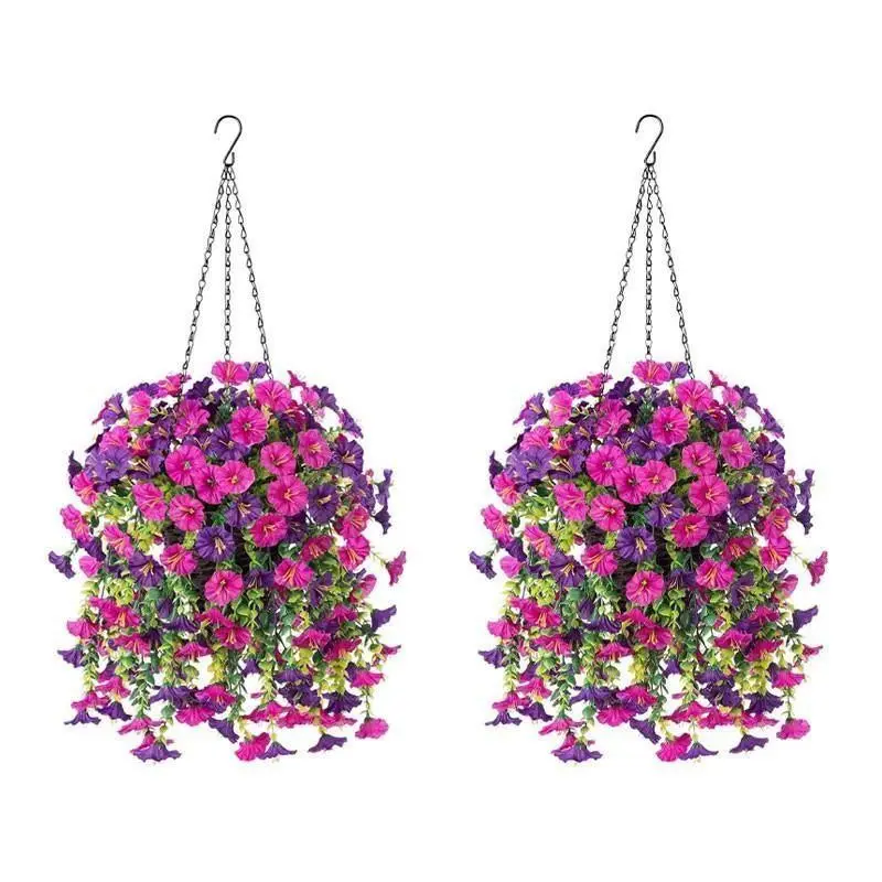Garden landscape - 1-2 sets of evergreen maintenance-free artificial flowers - realistic hanging petunia baskets. Outdoor garden decoration, made of PVC material, with UV-resistant flowers, suitable for home porches, balconies and garden decoration.