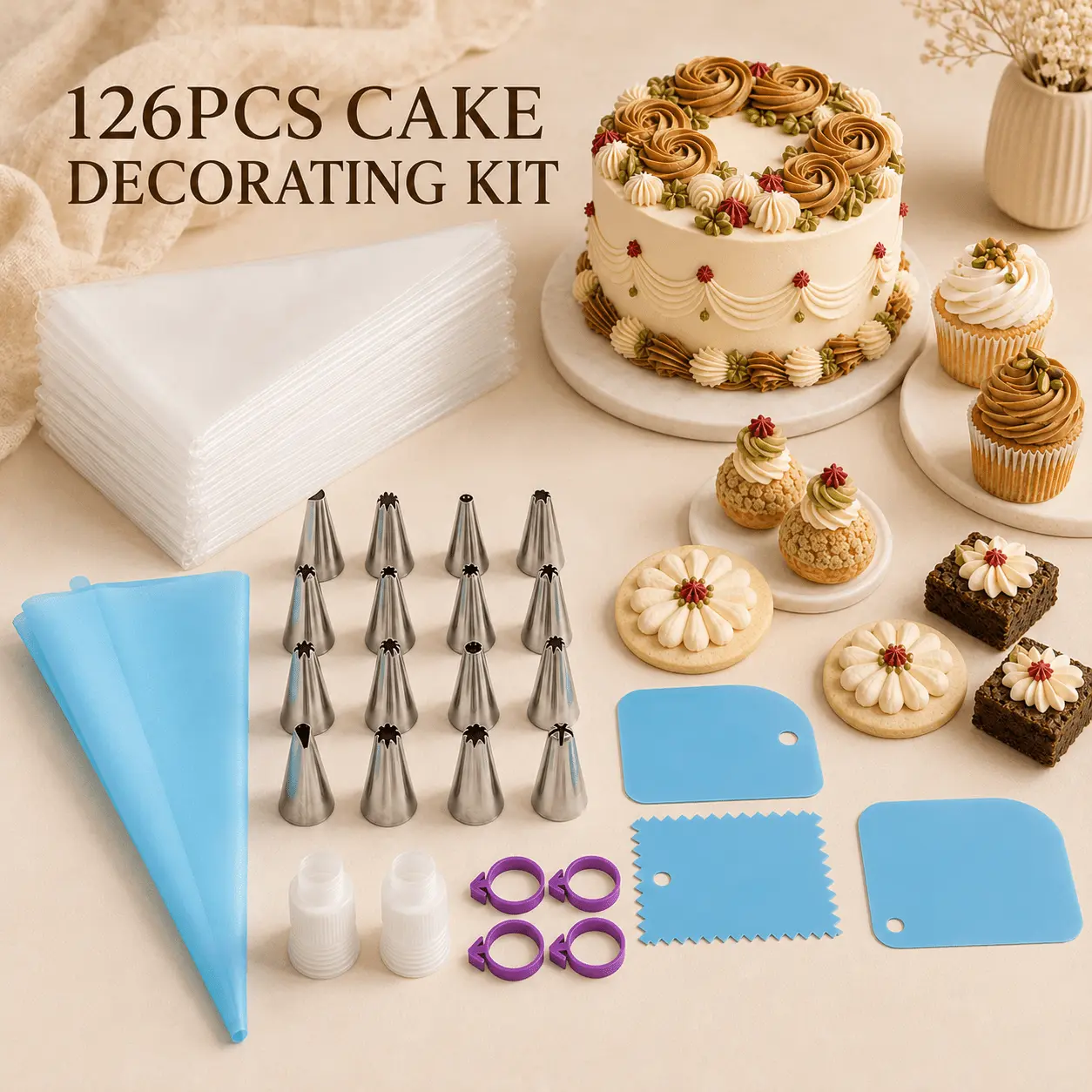 piping bag and tip set, including 16 piping tips, 100 disposable piping bags, reusable baking bags, a cake scraper, connectors, and zip ties for cupcakes, cakes, cookies, and cream