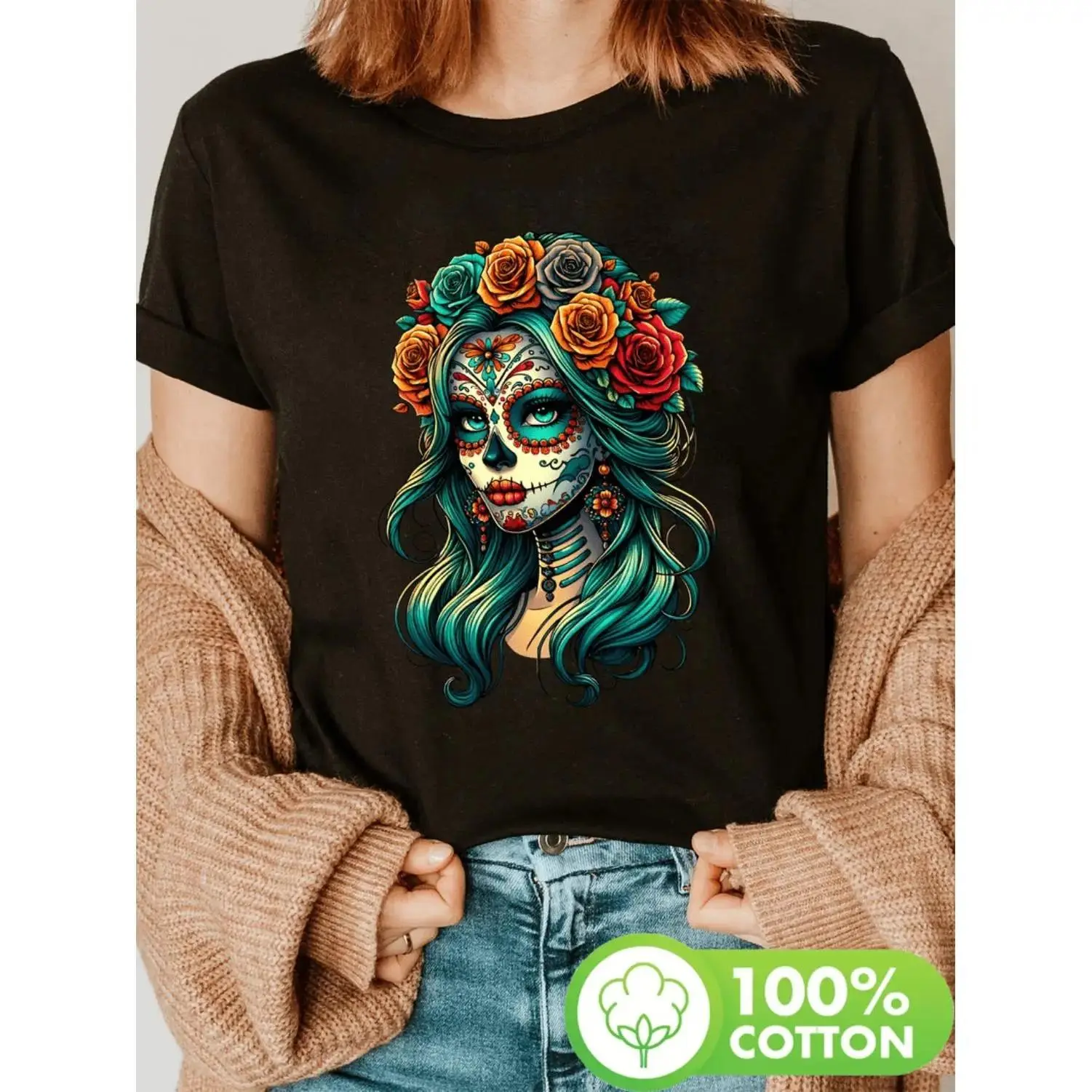 Women's La Catrina Floral T-Shirt - Mexican Day of the Dead Sugar Skull Top,  Crew Neck Tee for Dia de los Muertos, Halloween, Casual Attire - Machine Washable Casual Shirt, Seasonal Fashion, Vibrant Print, Breathable Ma
