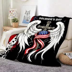 Soldier's Day Blanket - Patriotic Design with Silver Cross, White Angel Wings, Red White Blue Ribbon, Star - Spangled Sphere, Black Background with Splattered Paint - Cozy Indoor Decor for Memorial or Patriotic Events