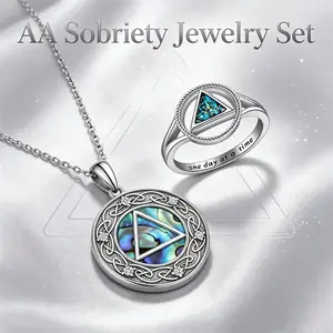 Men's AA Sobriety Jewelry Set - Stainless Steel Abalone Shell Inlay Necklace & Simple Minimalist Triangle Ring - One Day at a Time, Powerful Celtic Recovery Gift for Him, Durable Sobriety Strength Milestone Jewelry