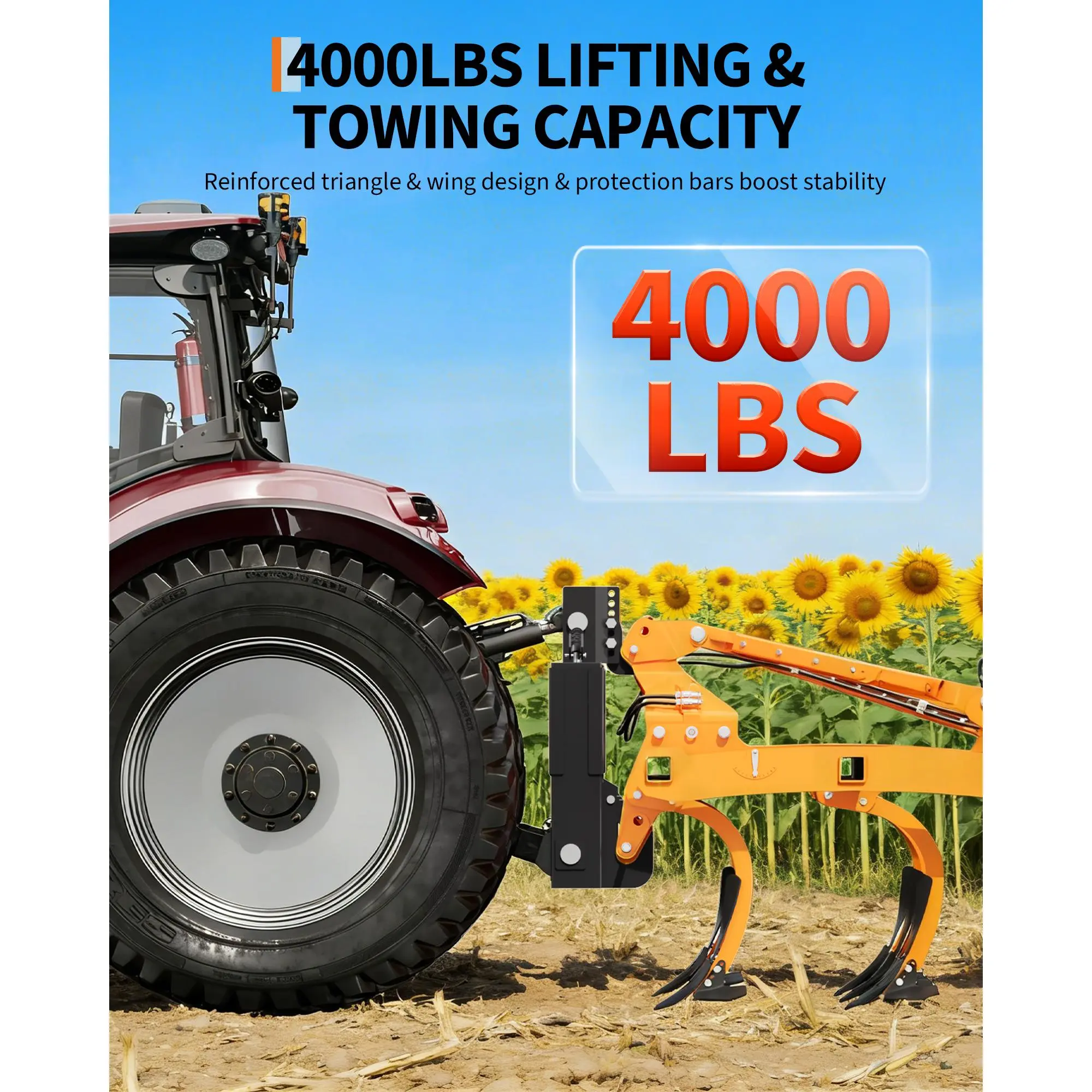 Heavy Duty 4000lbs 3-Point Quick Hitch for Category 2 Tractors – 5-Level Adjustable Bolt – 2" Receiver – Compatible with Cat 2 Implements – Ideal for Farm and Engineering Equipment