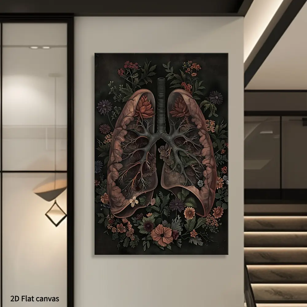 1-piece 2D canvas painting, featuring a design of intertwined human lungs and flowers, showcasing vintage medical aesthetics. This abstract wall art is ready to be displayed in offices and rooms as a modern decoration