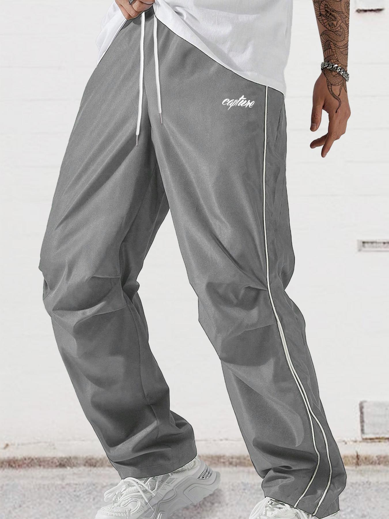 Men's Letter Print Drawstring Waist Athletic Pants, Casual Comfy Contrast Binding Pocket Straight Leg Trousers for Daily Wear, Unisex Workout Bottoms for All Seasons