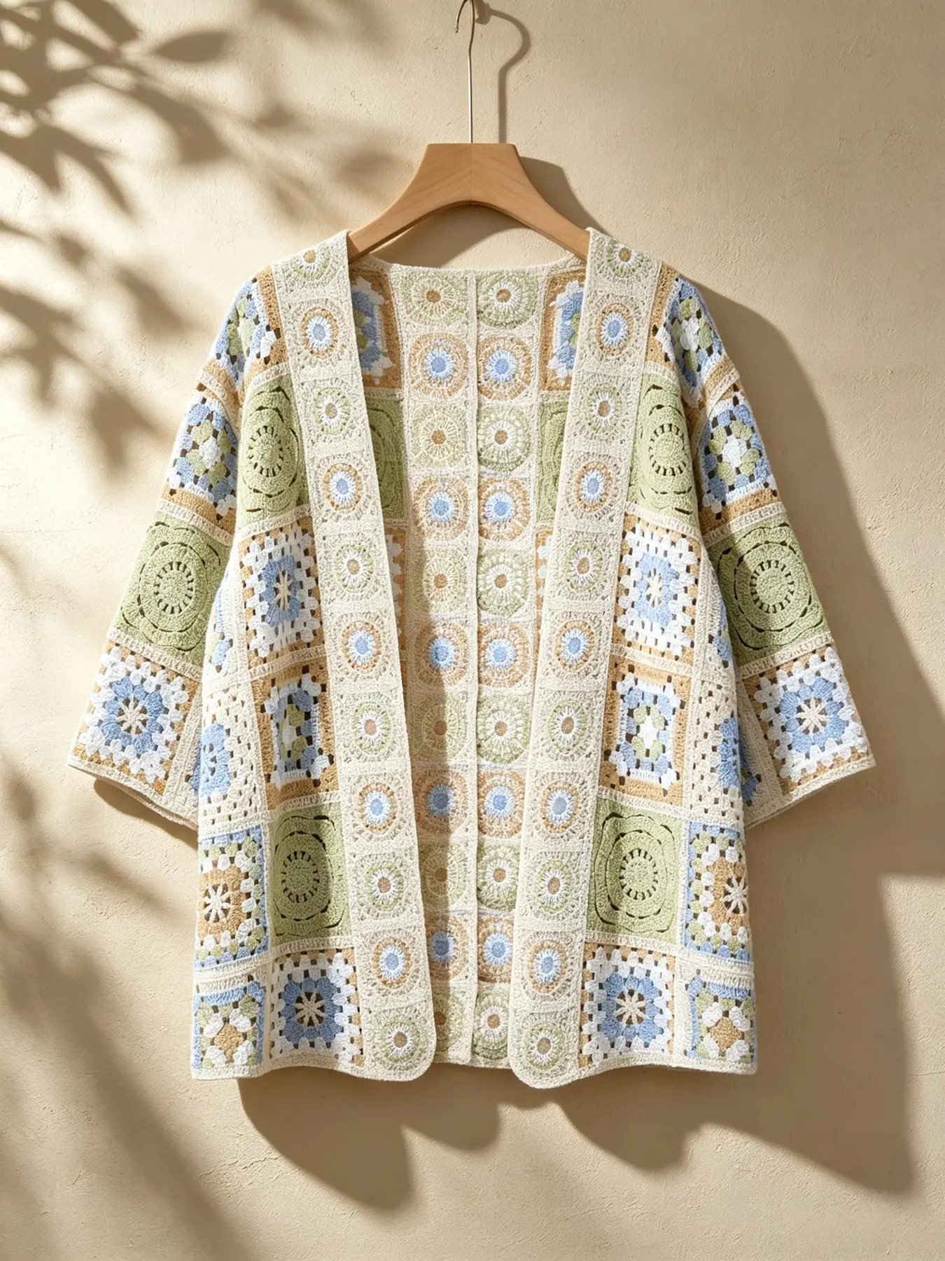 Boho Loose Granny Square Patchwork Hollow Crochet Cardigan, Women 3/4 Sleeve Acrylic Knit, Open Front Summer Beach Daily Wear