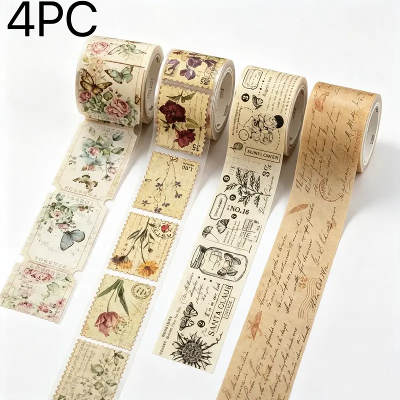 4 rolls of vintage paper tape with elegant illustration style, rich and diverse, delicate and easy to use, suitable for scrapbooking, journaling, handicrafts, and Christmas gift wrapping, meeting DIY and art supplies needs