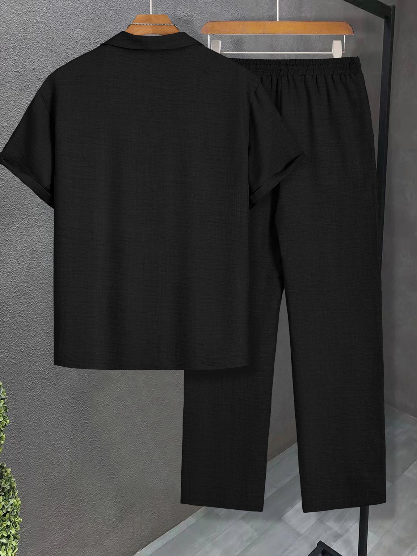 Two-Piece Set Men's Solid Color Button Shirt & Drawstring Waist Pants, Loose Stylish Casual Outdoor Short Sleeve Top & Trousers, Summer Outfits for Men
