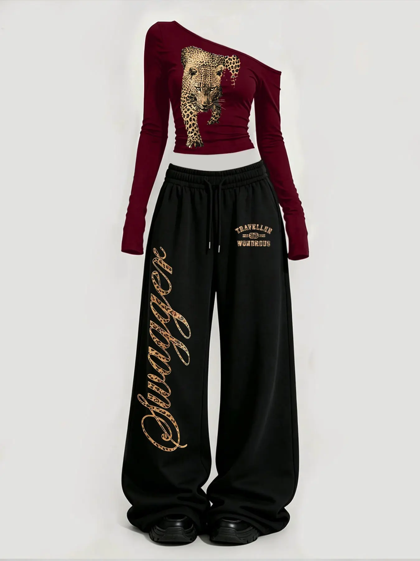 Women's Autumn Y2K Casual Set, Off-Shoulder Long Sleeve Top + Straight Leg Sports Pants, Leopard Print, Two-Piece Fashion Set for Daily Wear