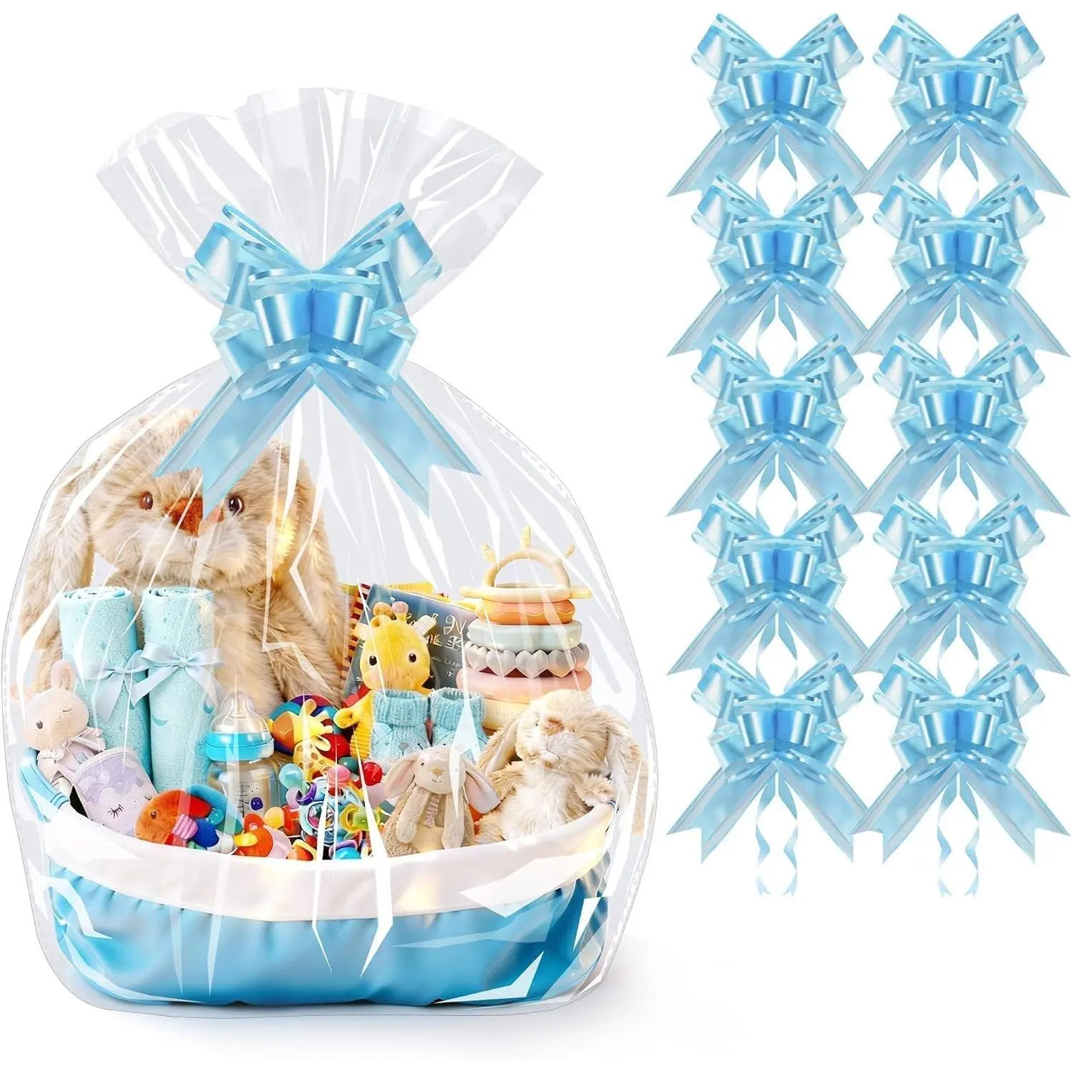 10 Pack 24x30 Inch Large Cellophane Bags for  Baskets with 10 Blue Pull Bows, Thick Clear Plastic Basket Wrap for Mother's Day, Boy's  Shower, Wedding and Birthday