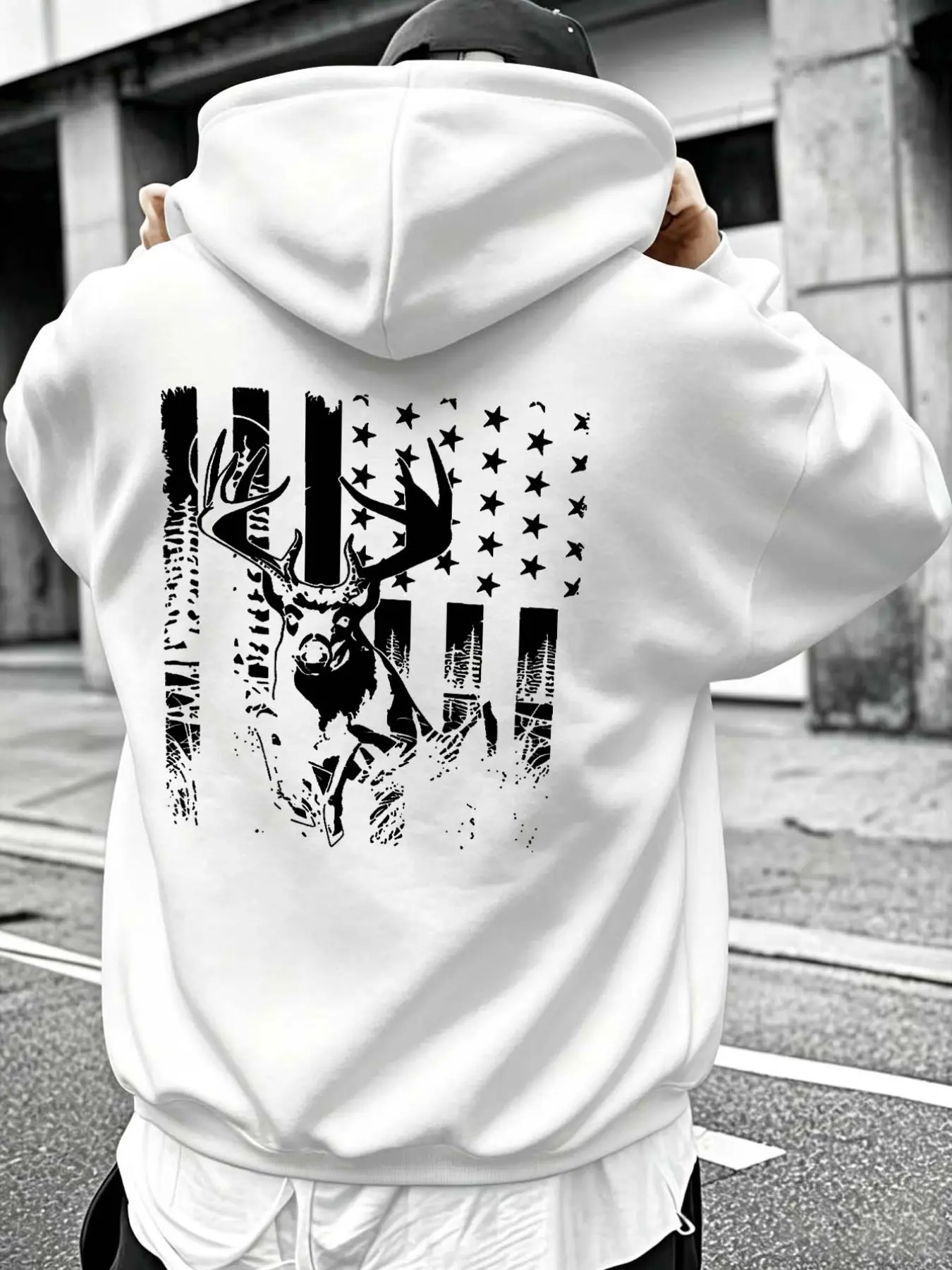Men's Casual Hooded Sweatshirt, Deer Pattern Print, Slim-Fit, Long Sleeve, Drawstring Pockets, Fall & Winter Streetwear