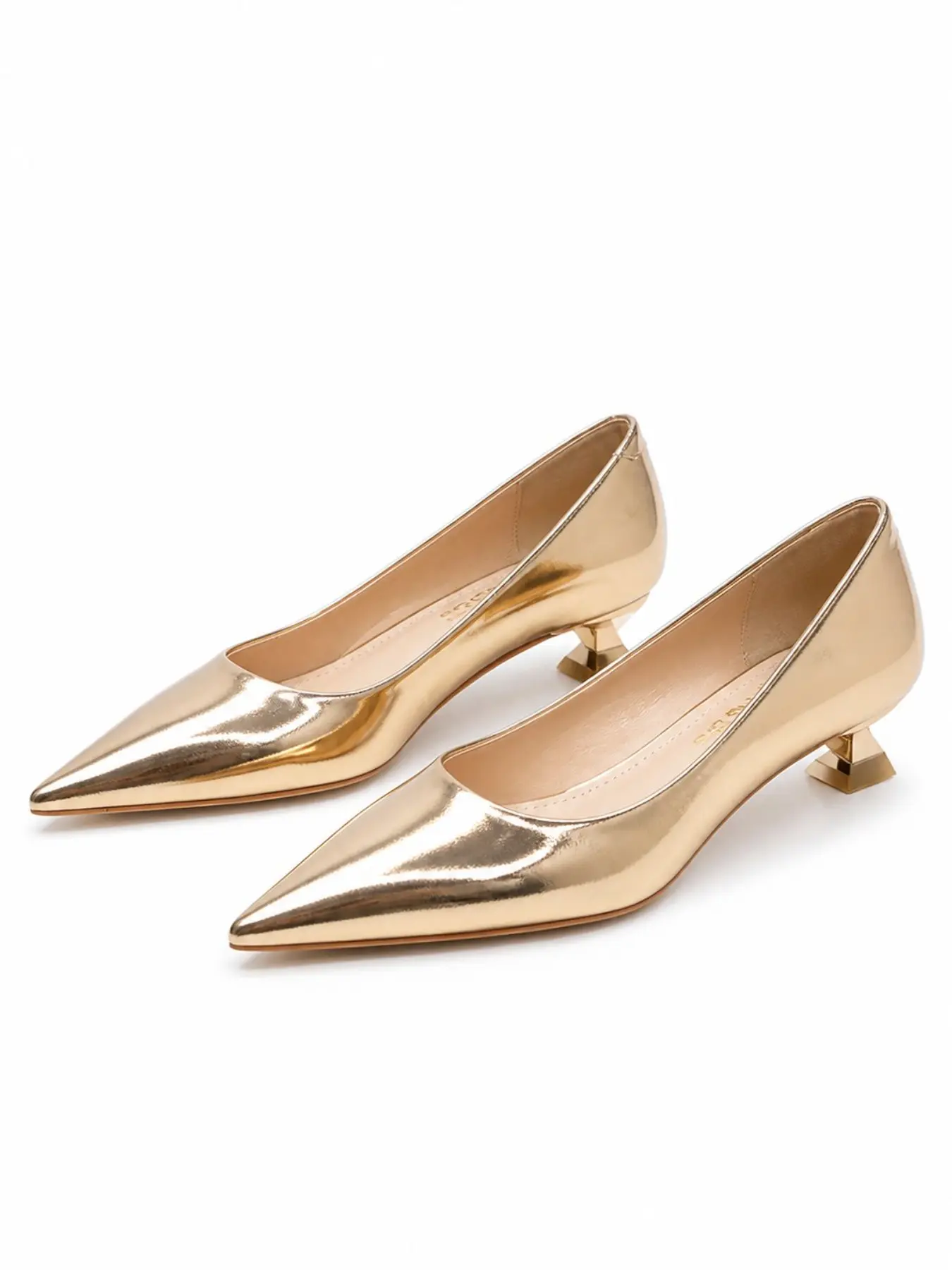 Women's Viral Shiny Champagne Pointed-Toe Low Heels, Fashion Pumps with Unique Geometric Heels. Perfect for Dates, Afternoon Tea, Daily Outings, and OOTDs.