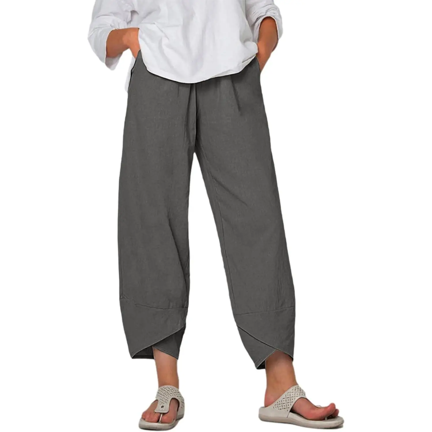 Women's Capri Pants Casual Summer Cotton Linen Cropped Tulip Pants Lounge Pants Trousers