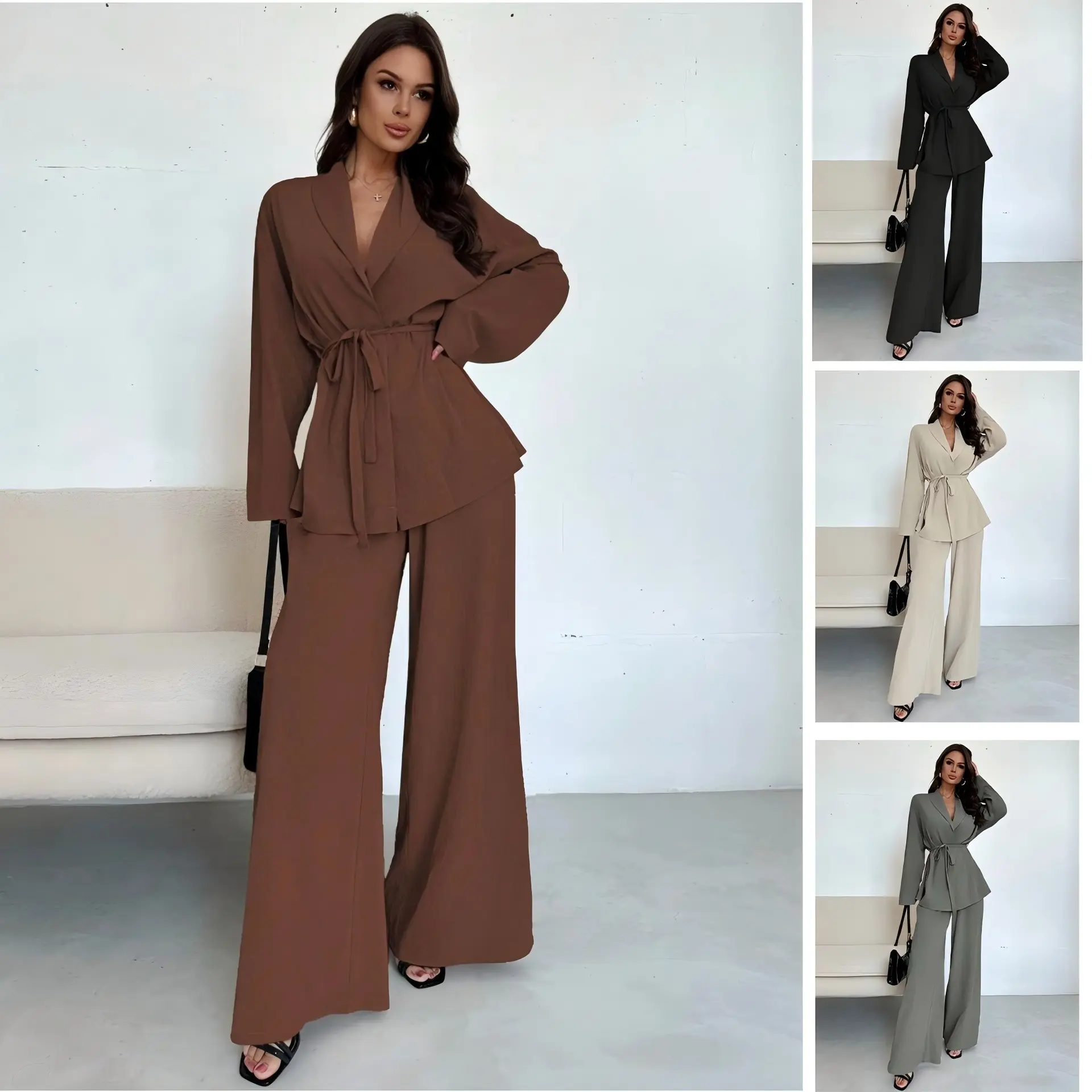 Women’s Elegant Two Piece Pants Set, V Neck Tie Waist Long Sleeve Wrap Blazer Top and High Waisted Wide Leg Pants, Dressy Business Casual Outfit for Office, Dinner, Wedding Guest and Fall
