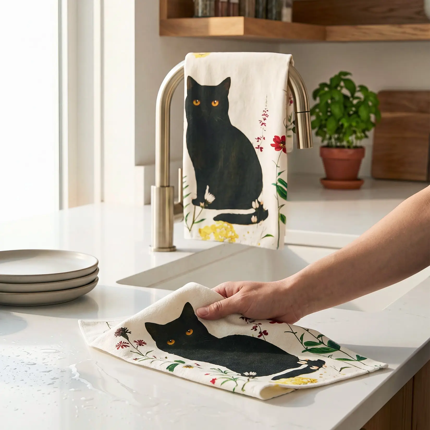 6 Pack Decorative Kitchen Towels, 17.7"×26" Absorbent Microfiber Kitchen Dish Towels, Floral/Bird/Cat Printed Kitchen Towels for Cleaning & Drying
