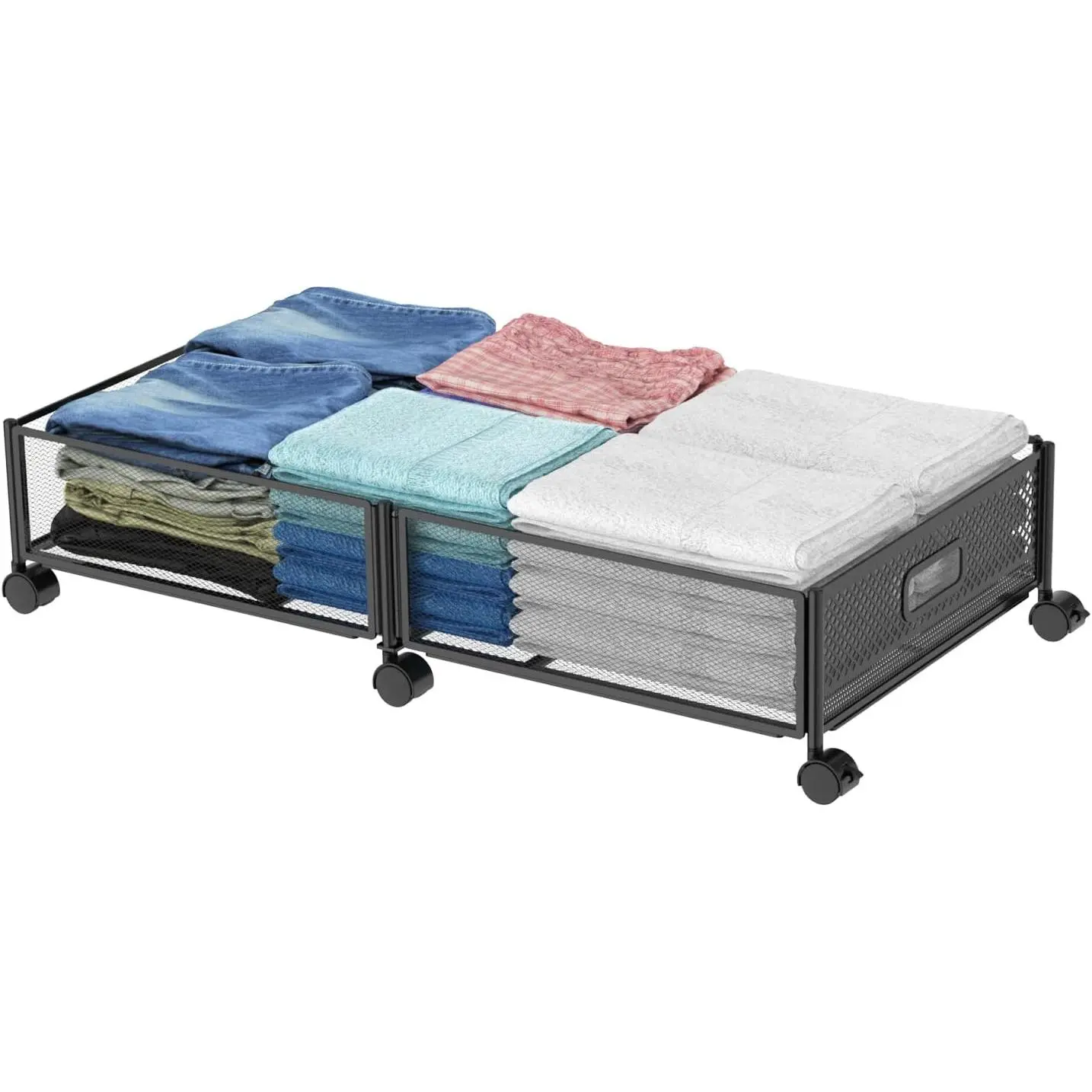 Under Bed Storage  Wheels, Upgraded 31.5 inch Large Rolling Under Bed Storage, Metal Foldable Underbed Drawers Organizer Tool-free Assembly Underbed Shoes Clothes Organize