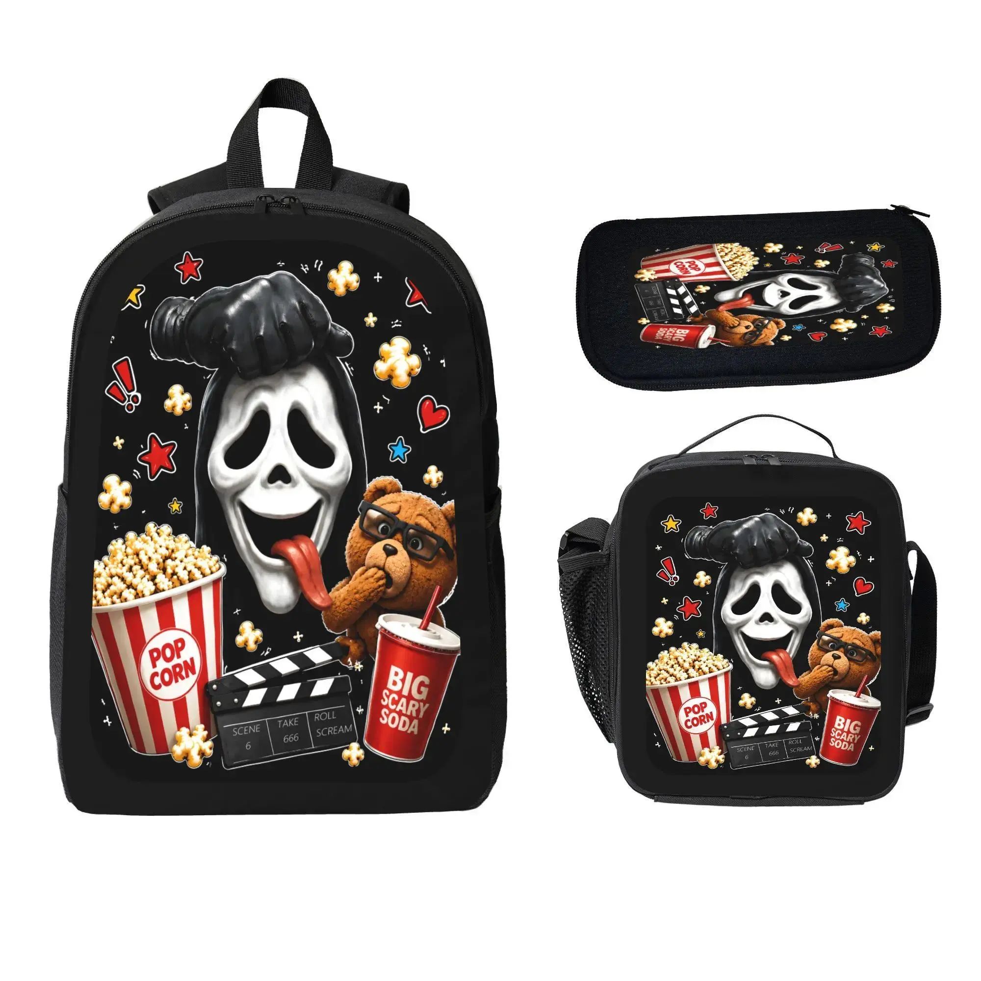 Ghost Face 3PCS Backpack Set - Ghost Theme with Bold Prints, Multiple Pockets, A4 Size Fit, Unisex School Backpack, Lunch Bag, Pencil Case for Horror Comedy Movie Fan Teens (Back to School Gift)