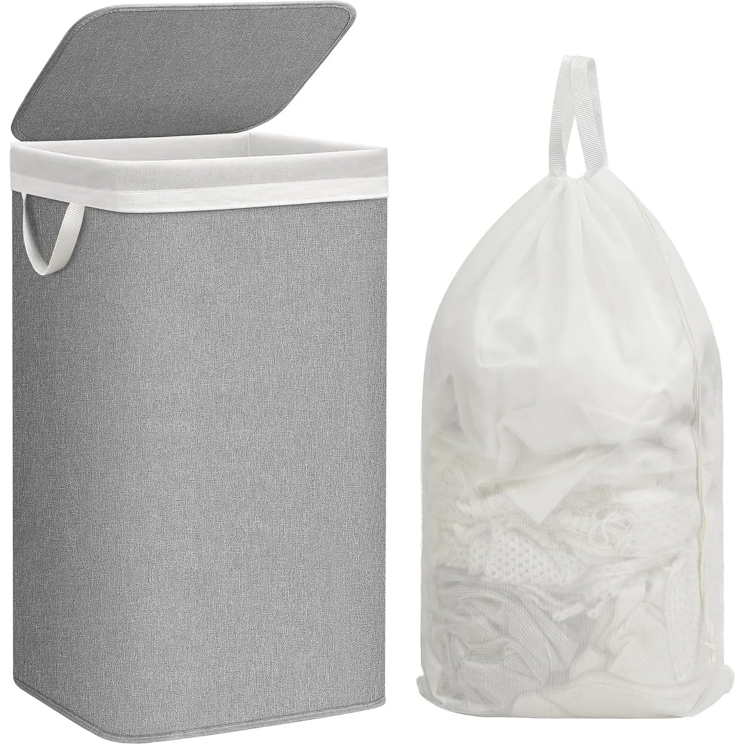 Metal Frame Laundry Hamper with Lid, 23.7 Gal Tall Laundry Baskets with Removeable Bag, Large Clothes Hamper with PU Tag, Laundry Bin for Dorm, Collage, Bathroom, Bedroom, Gray