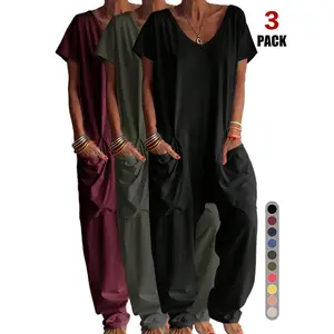 2026 Women's Casual Organic Material Wide-Leg Jumpsuit, Loose Batwing Short-Sleeve V-Neck Harem Overall Jumpsuit, Perfect for All Seasons, Stylish & Comfortable Clothes