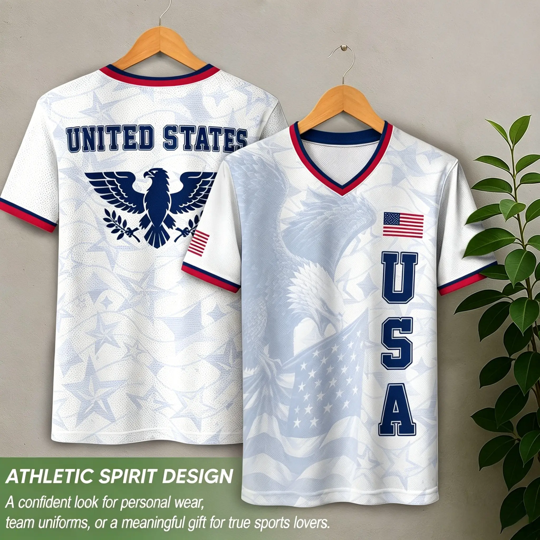 Design football jerseys with American sports spirit and American eagle flag print. Specifically made for sports enthusiasts and team members. To cheer for the national team and give as a summer gift to true sports lovers.