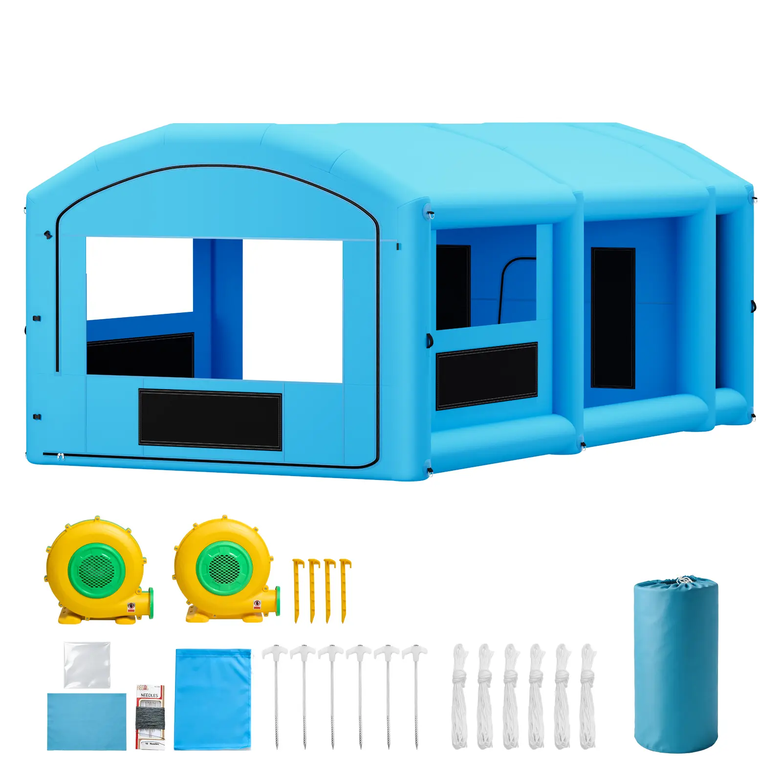 Inflatable Paint Booth, 30 x 16 x 12 ft, Portable Spray Booth with 750W+950W Blowers, Large Filter Cotton, Changing Area, Arched Roof Painting Tent for Full-Size Pickup, Small Speedboat, Blue