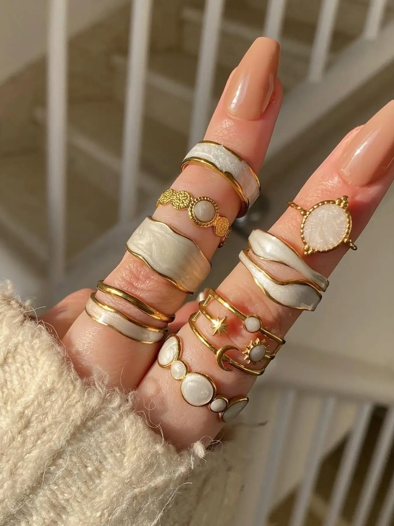 8-Piece Boho Floral Ring Set, Sun Moon Star Design, Zinc Alloy Material, Perfect for Daily Wear, Travel, Parties, Gift Idea