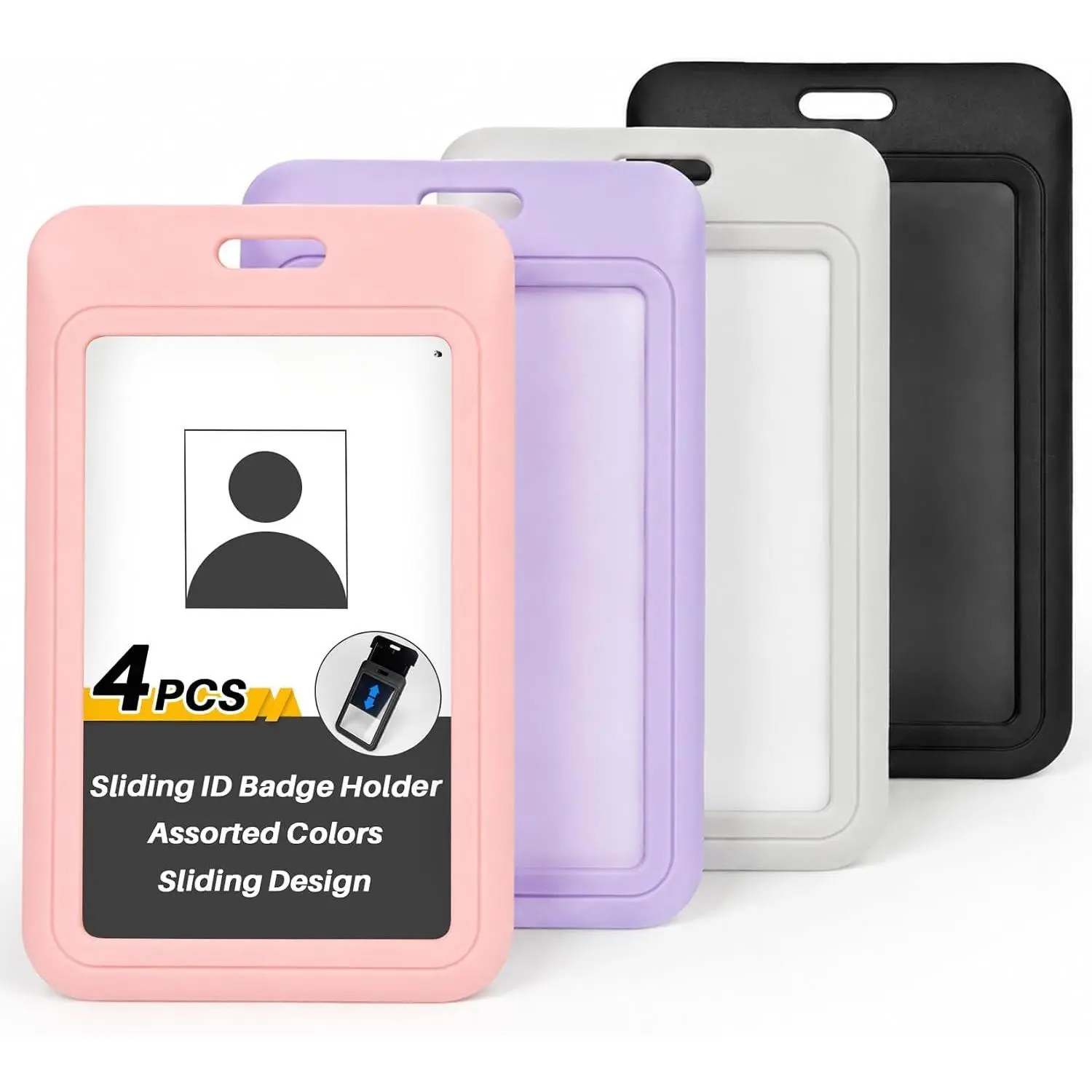 Sliding ID Badge Holder - Hard Plastic Badge Protector Case 4 Pack | ID Holder for Lanyard, Clear Card Protector,  Vertical Case, Access Cards for , Teachers, Students, Office