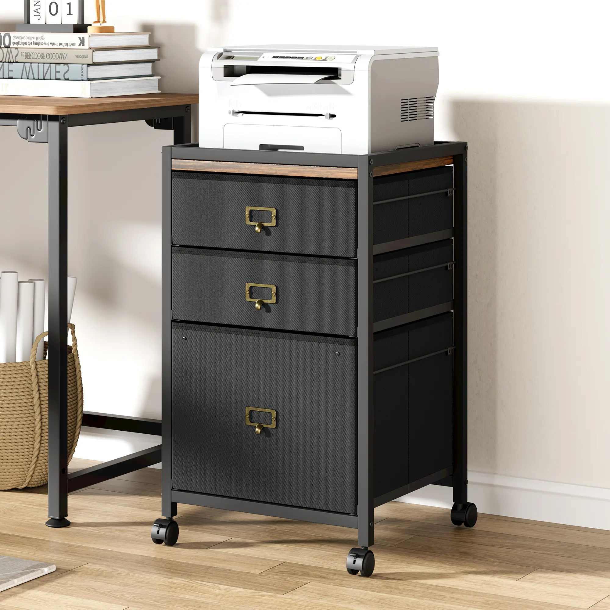 Mobile Under Desk Storage Cabinet, 4 Drawer Rolling File Cabinet with Wheels, Fabric Vertical Organizer Fits A4 & Letter Paper, Home Office Under Desk Stand Cabinet, Black