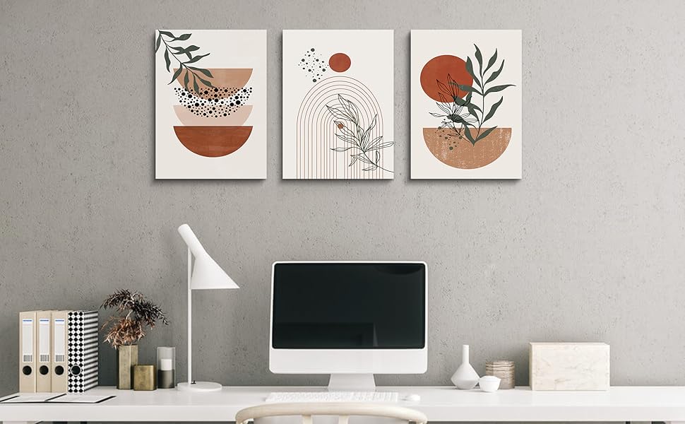 Wall Art Prints, Boho Wall Decor, Abstract Geometric Prints Black Beige Terracotta Minimalist Art, Natural Framed Canvas Prints Artwork For Living Room Bathroom Bedroom Wall Decor