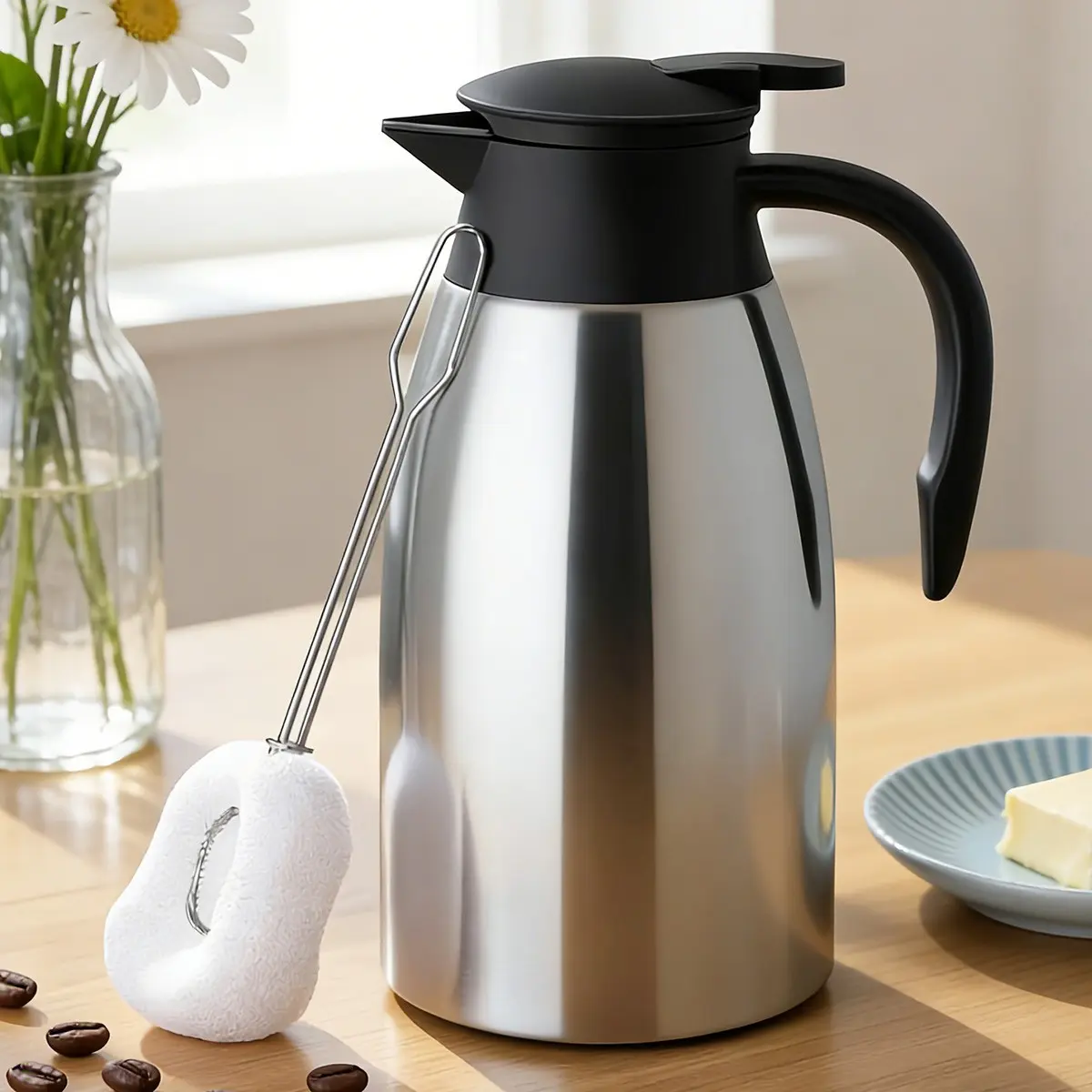 Thermal Coffee Carafe with Brush, 2L/68 Oz Insulated Stainless Steel, Double Walled Vacuum Thermos, Keeps Heat/cold, Ideal Gift