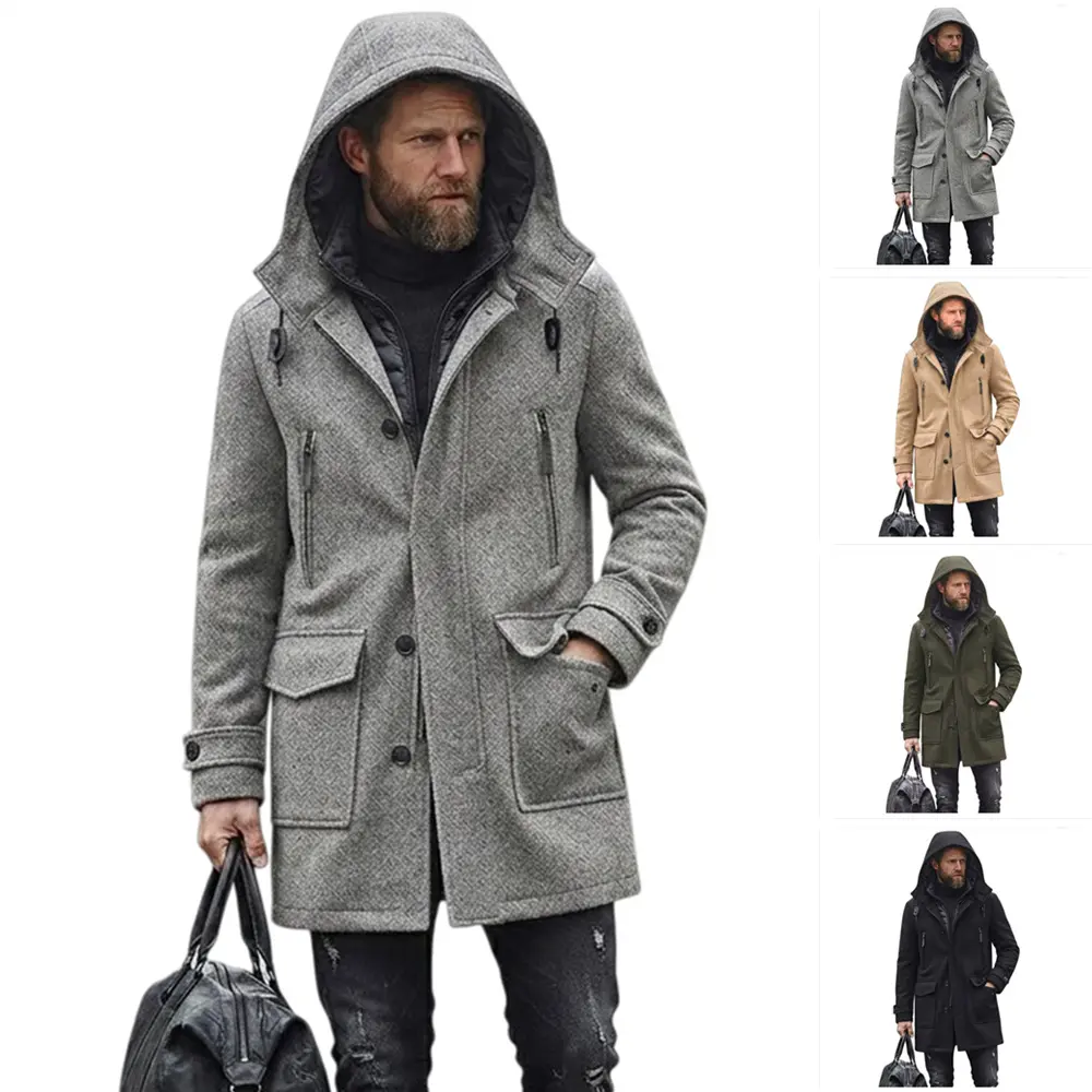 Men's Hooded Woolen Duffle Coat Mid-Length Winter Warm Button Zip Pockets Casual Business Overcoat Jacket