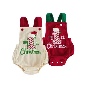 Infant Baby Boy Girl My First Christmas Overalls Romper Letter Embroidery Sleeveless Jumpsuit Suspender Pants 0-18 Months
