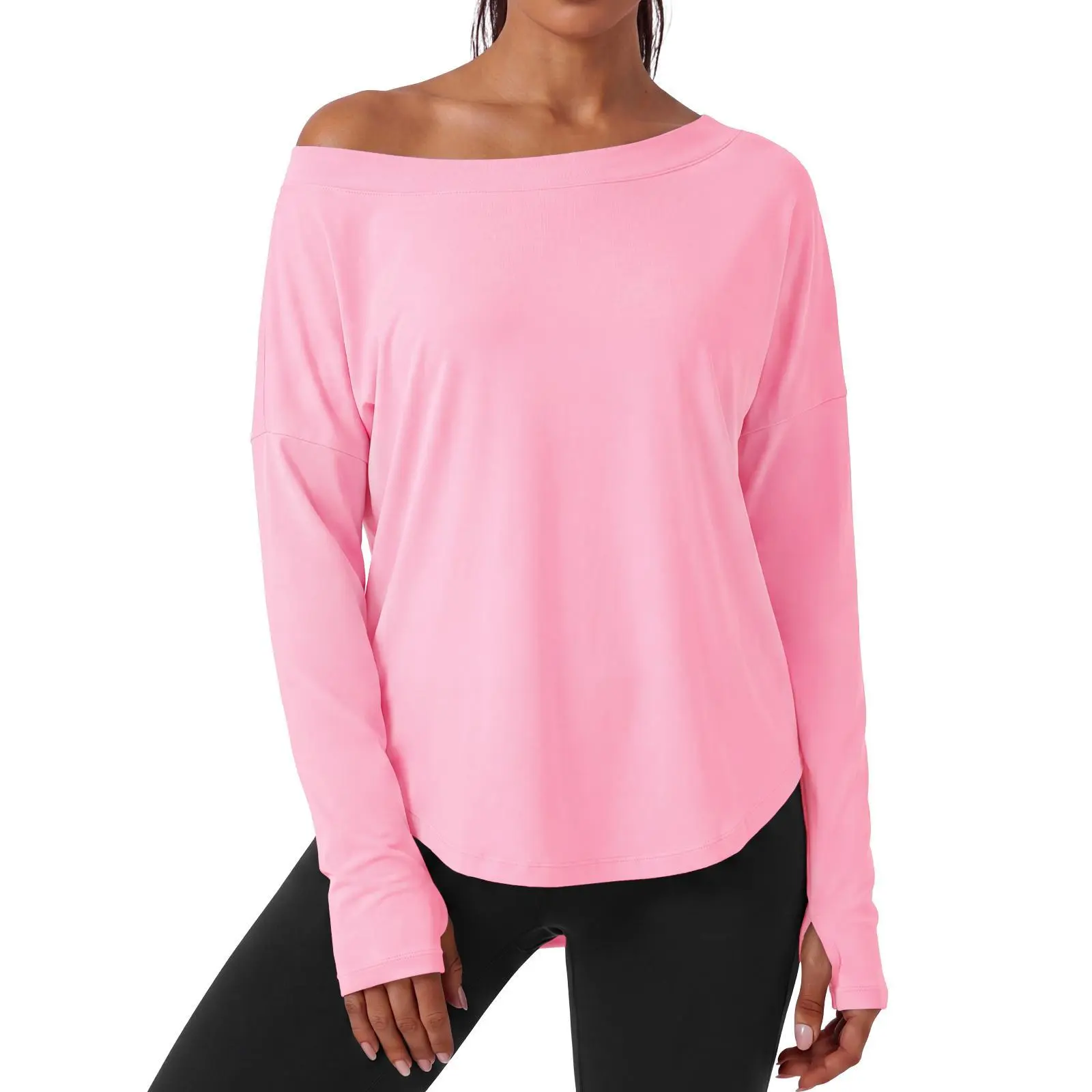 Aoysky Women's Workout Top, Loose-Fit Off-Shoulder Long Sleeve with Thumb Holes, Lightweight Polyamide Blend for Yoga & Hike, Machine Wash, Medium Length, Workout Tops, Loose-Fit Cut, Single Shoulder