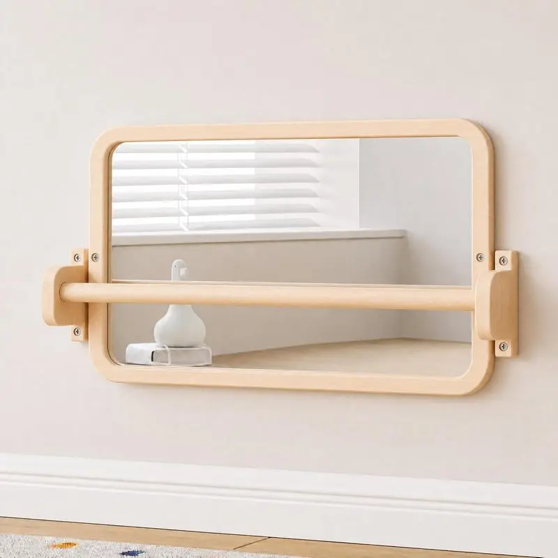 Montessori Acrylic Safety Mirror with Adjustable Pull Up Bar - Natural Unpainted Solid Wood Toddler Activity Mirror for Infants 6-18 Months, Motor Skill Development Gift, Wooden